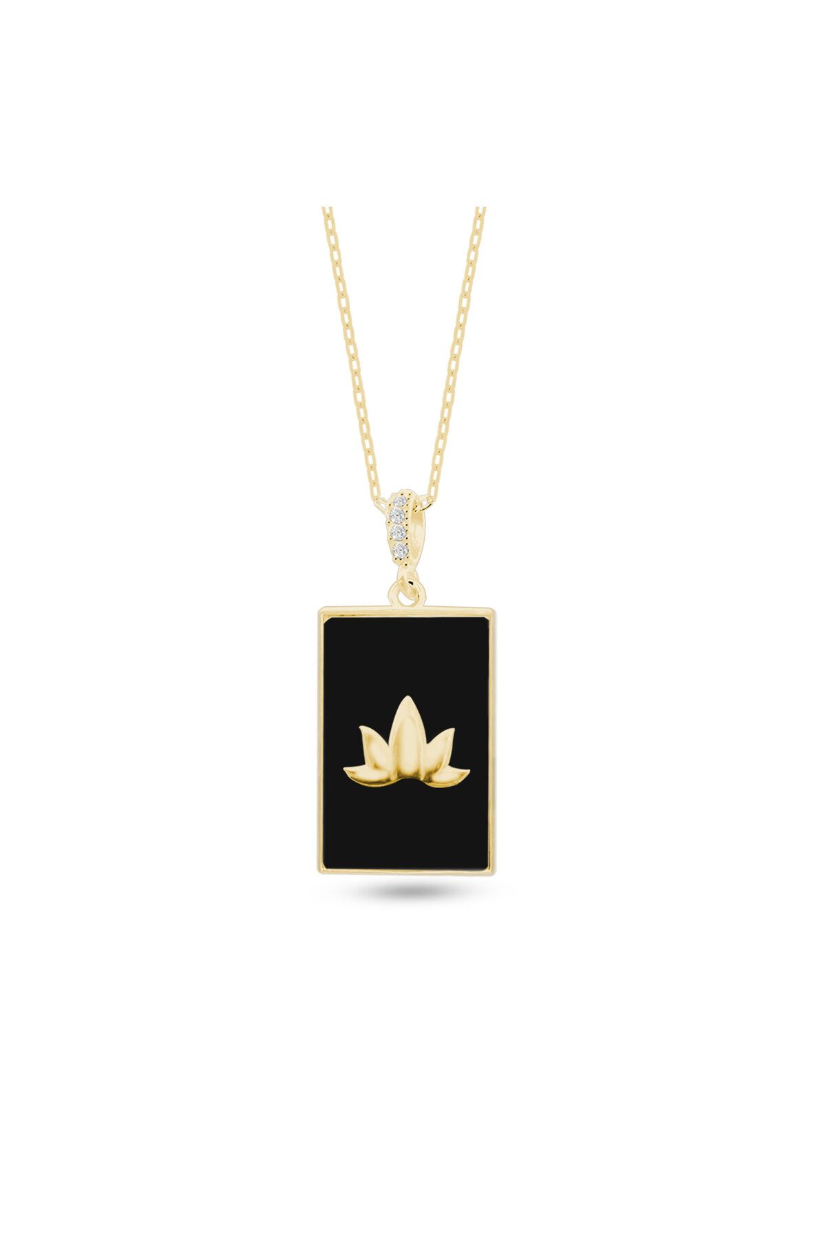 Shiny Spectra Oniks Taşlı Lotus Çiçeği 925 Ayar Gümüş Kolye Sarı Renk
