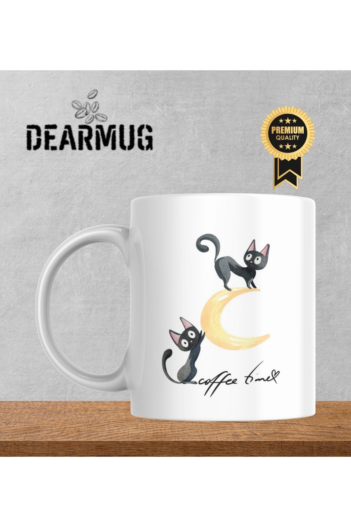 DEARMUG Kupa Bardak Kedi Tasarımlı Coffee Time Yazılı Beyaz Kupa Bardak DEARMUG