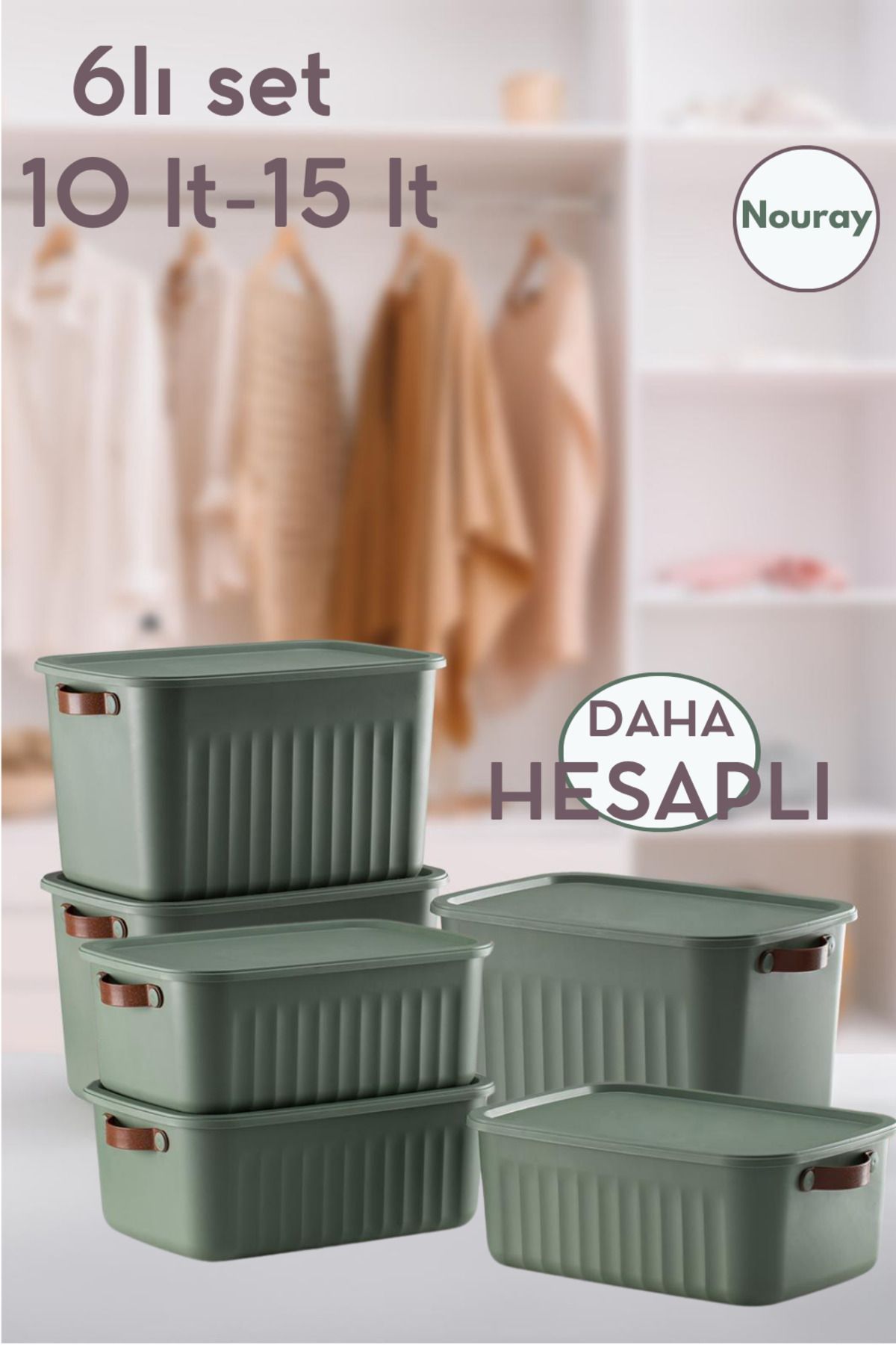 nouray 6Adet 3X10Lt-3X15Lt Dekoratif Çok Amaçlı Düzenleyici Kapaklı Kutu, Dolap Içi Düzenleyici, Organizer.