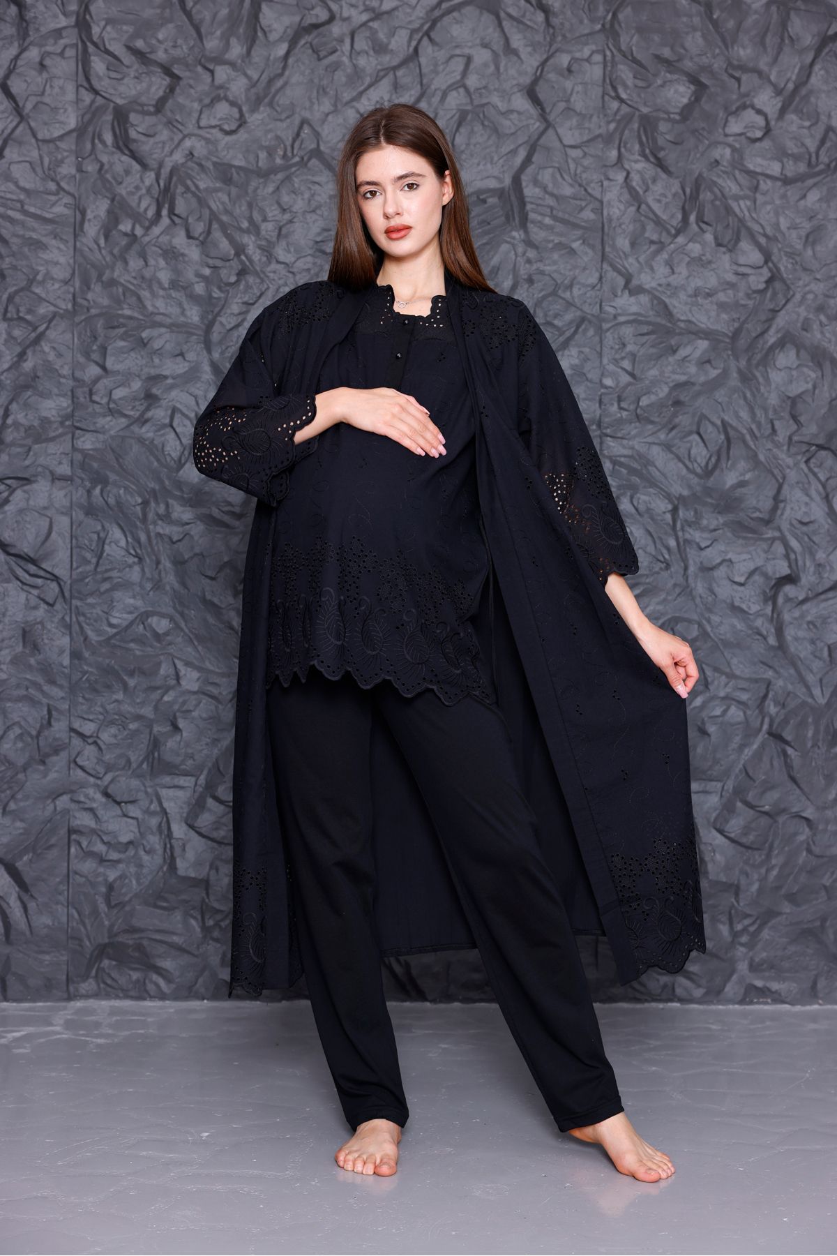 Yulem Homewear Siyah Fisto Keten Lohusa Hamile Sabahlıklı 3'lü Pijama Takım Set