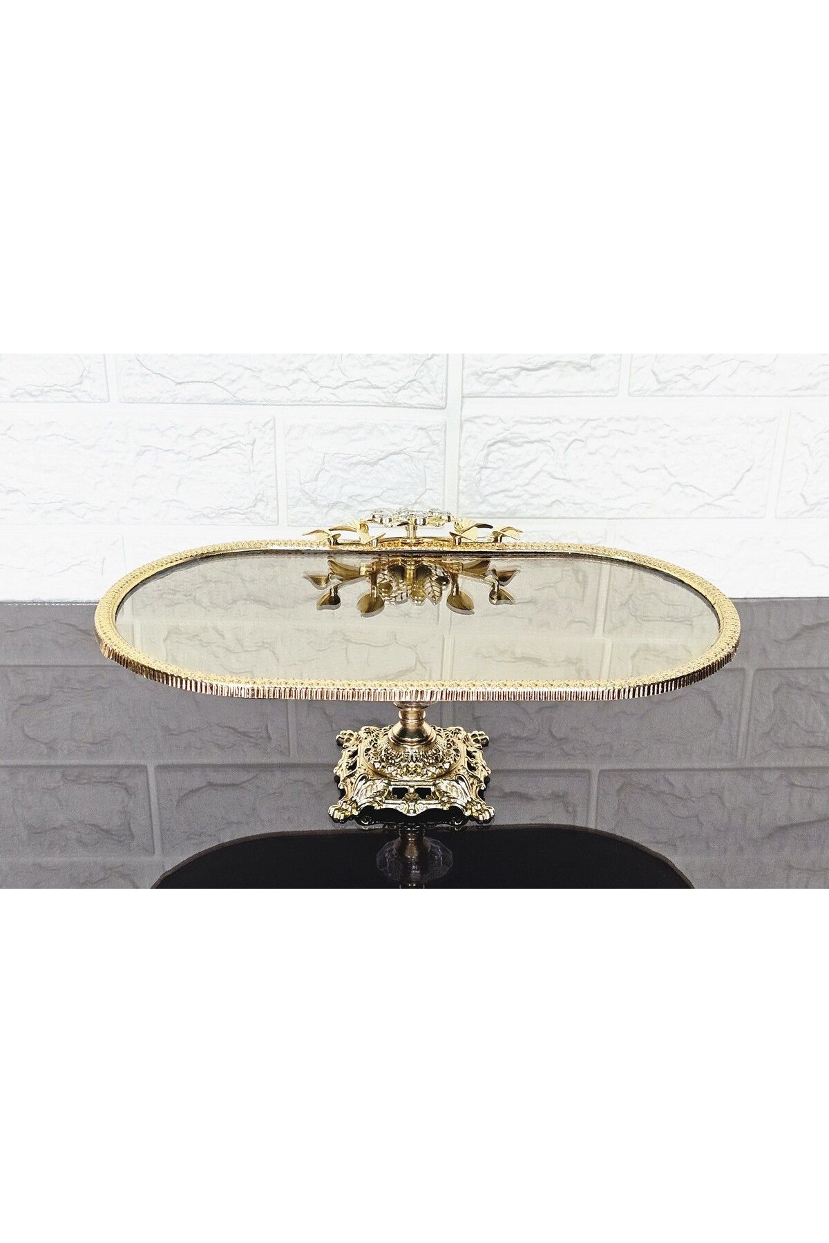 atabey home-Bronze Mirror Small Boat Presentation Casting with Gold Frame and Square Legs 30 cm 2