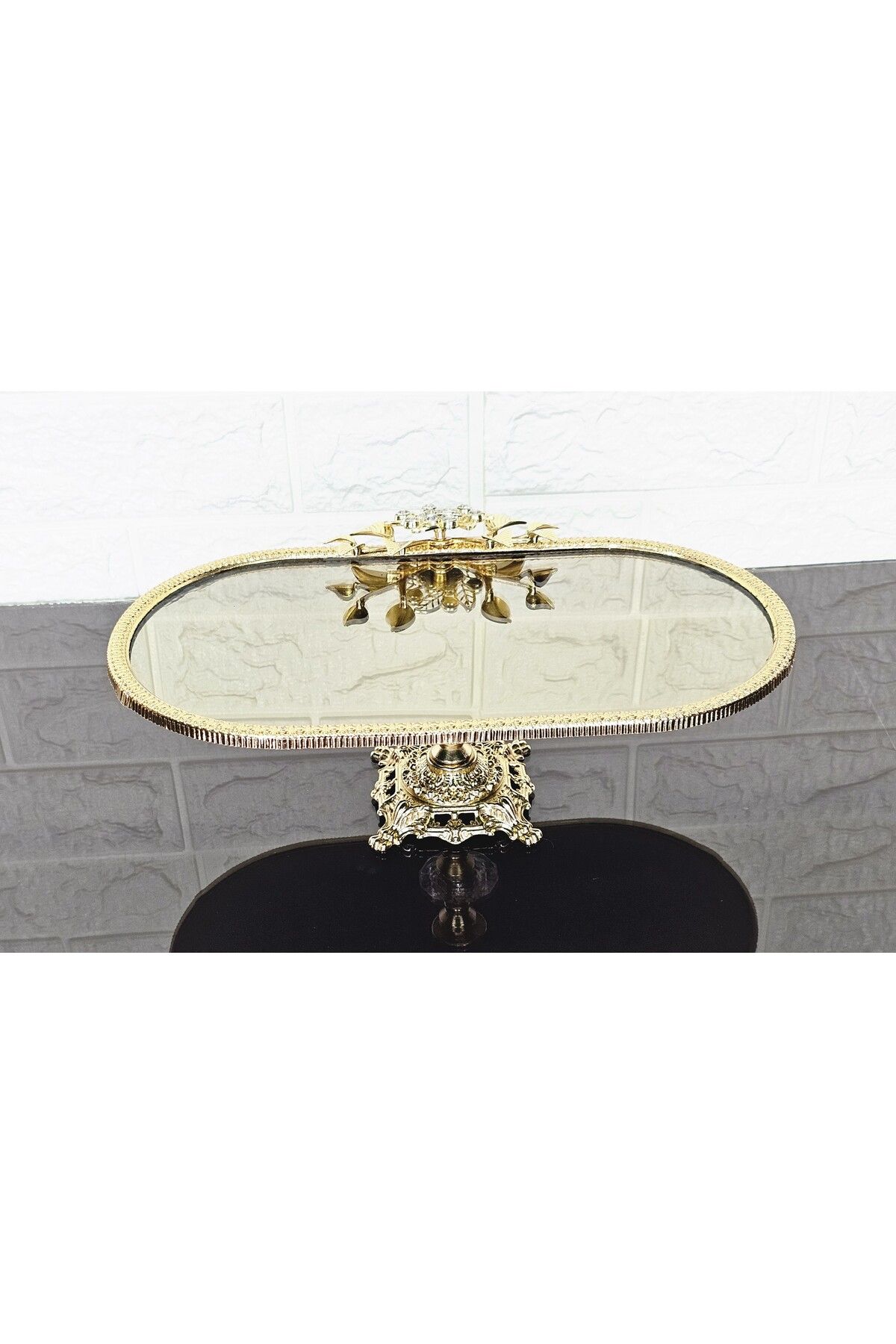 atabey home-Bronze Mirror Small Boat Presentation Casting with Gold Frame and Square Legs 30 cm 4