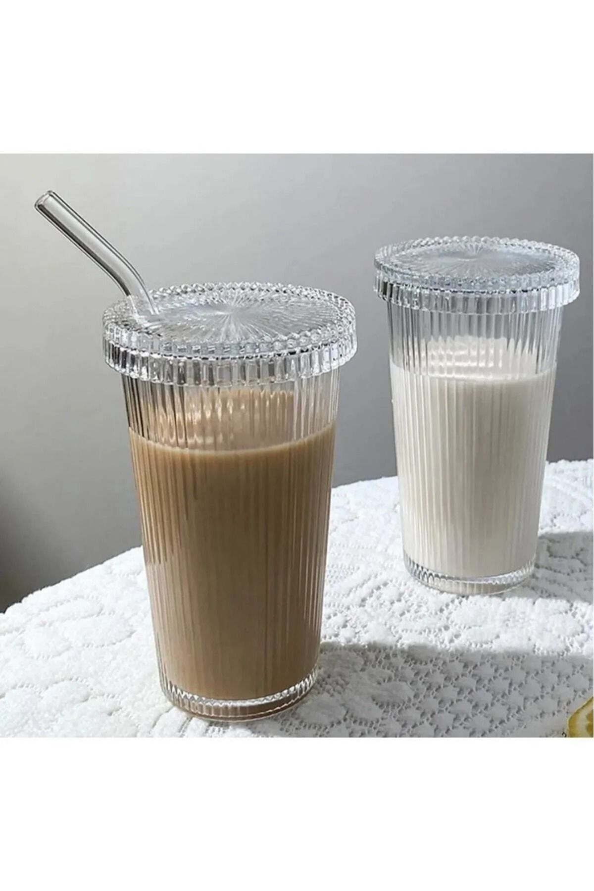 777Home Şeritli Bardak Pipetli Plastik Kahve Bardağı Mika Bardak Cam Pipetli