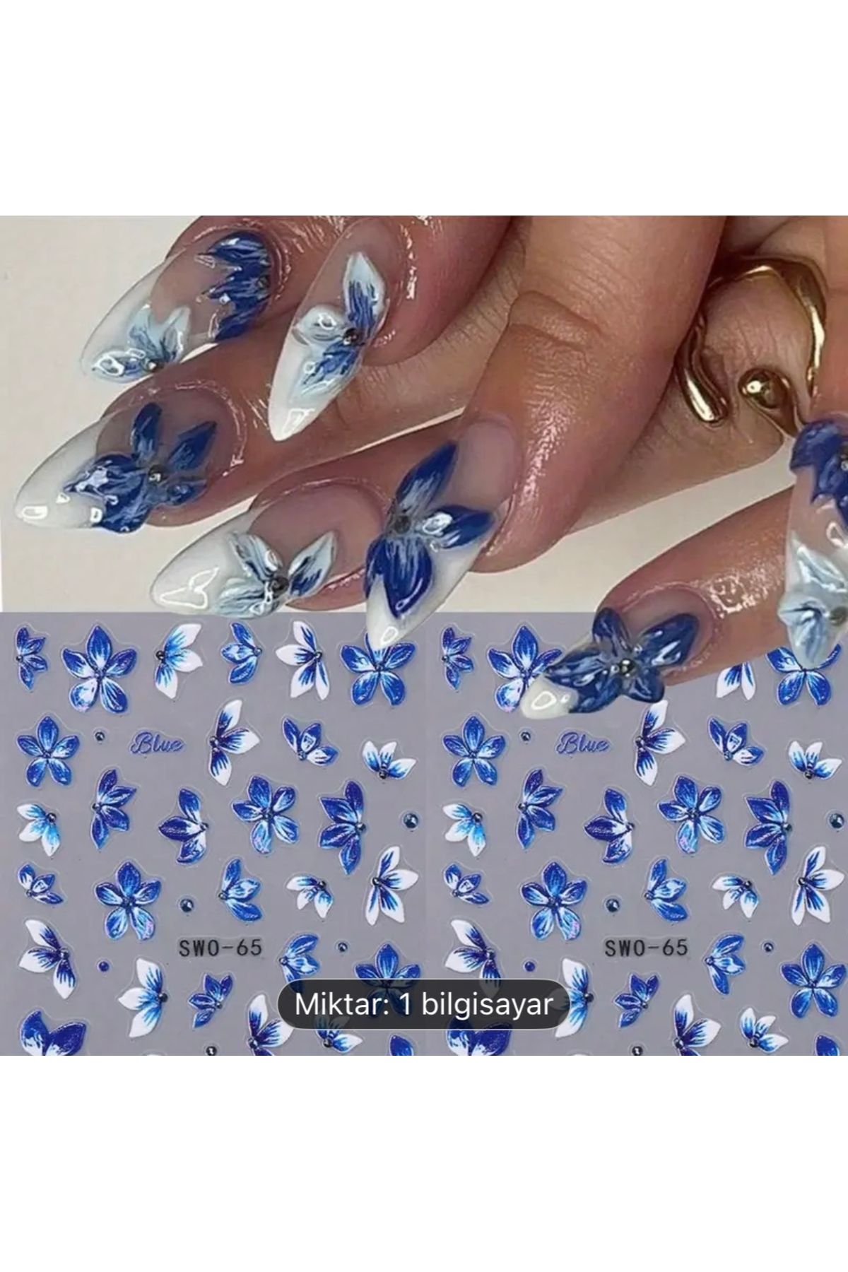 ABETE Mavi Orkide Desenli 5D Kabartmalı Nail Art Sticker