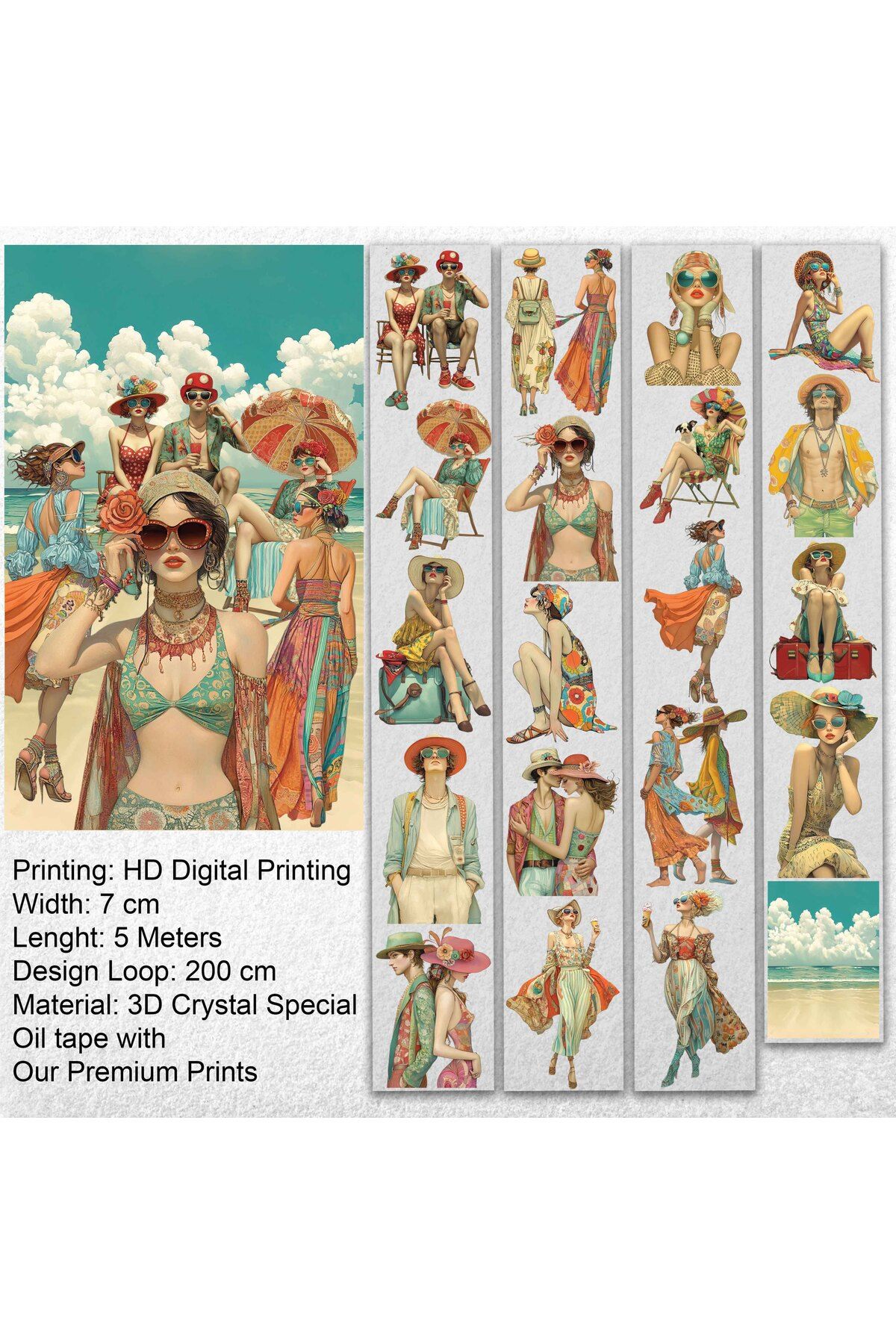 Onwize Scrapbook Retro Summer-3D Crystal Special Oil tape- Etiket-Pet Tape - Sticker - Seffaf Etiket