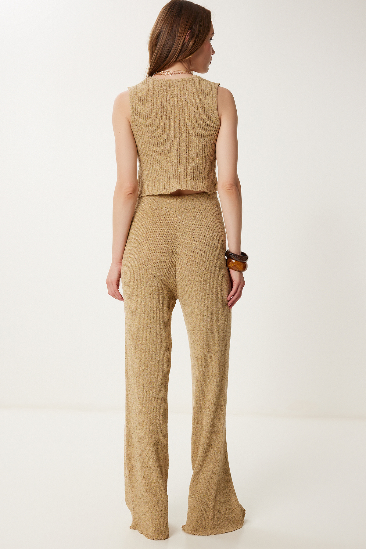 Happiness İstanbul-Women's Beige Stylish Buttoned Flexible Knitwear Vest Trousers Set Mt00159 7