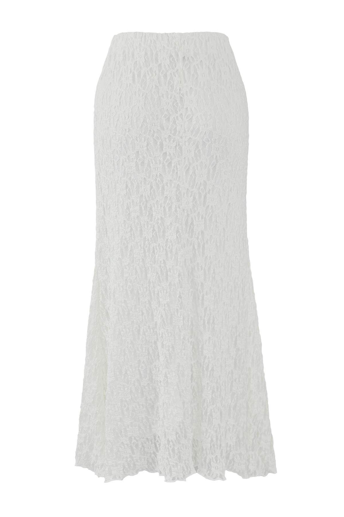 Trendyol Collection-Fusta tricotată elastică midi din dantelă Ecru TWOSS25ET00149 7