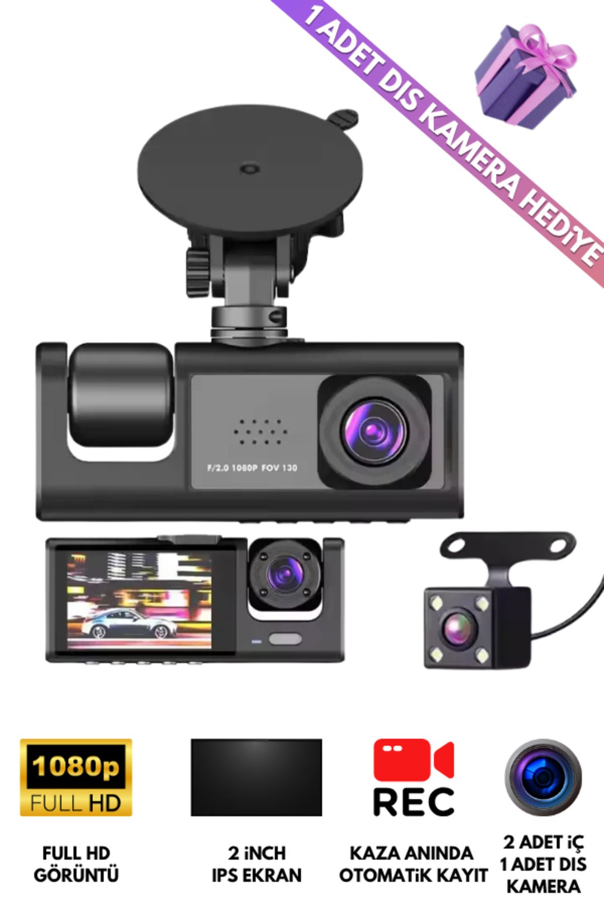Maybax 3 Kameralı Araç Kamerası 1296p 2 Inch Ekran Geniş Açılı Araç Kamerası