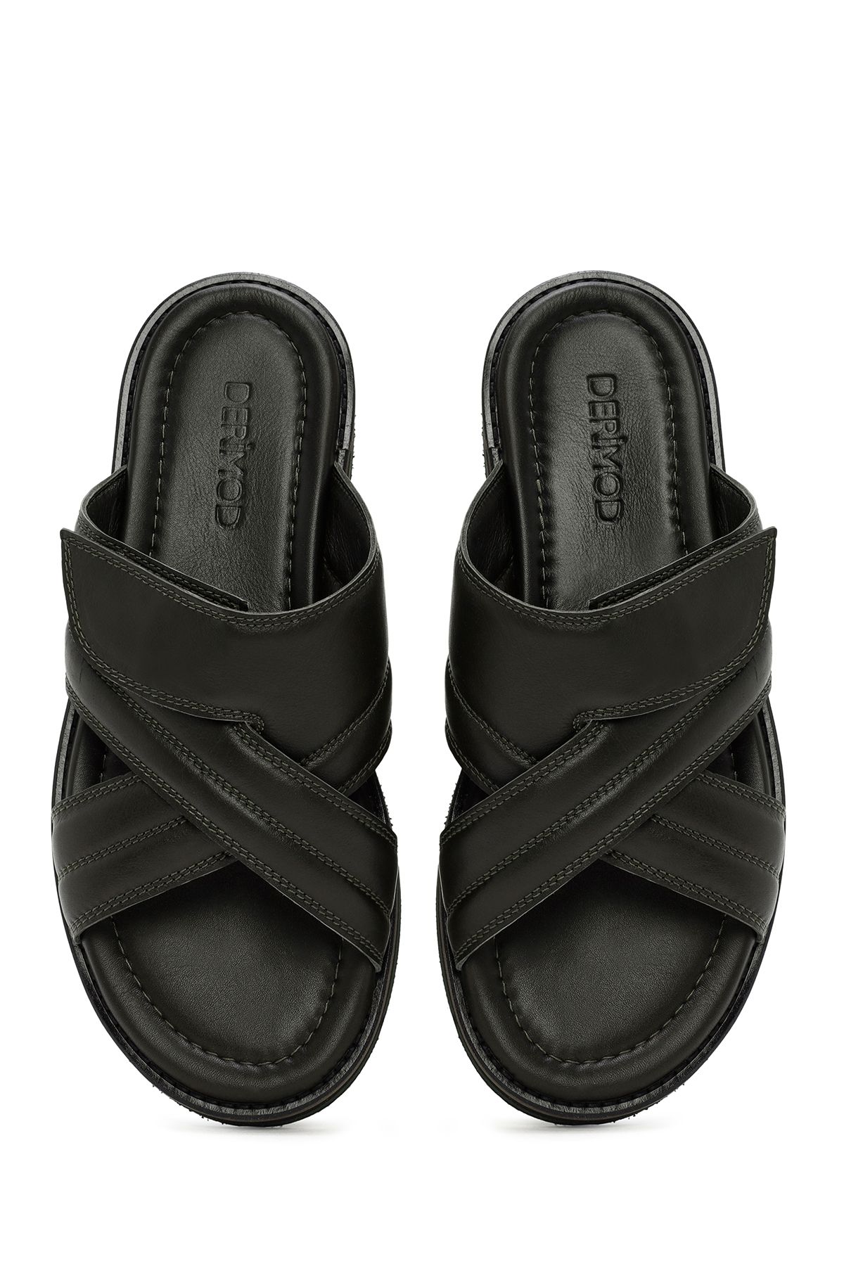 Derimod-Khaki Men's Leather Casual Slippers - Banded, 24SFD625718 7