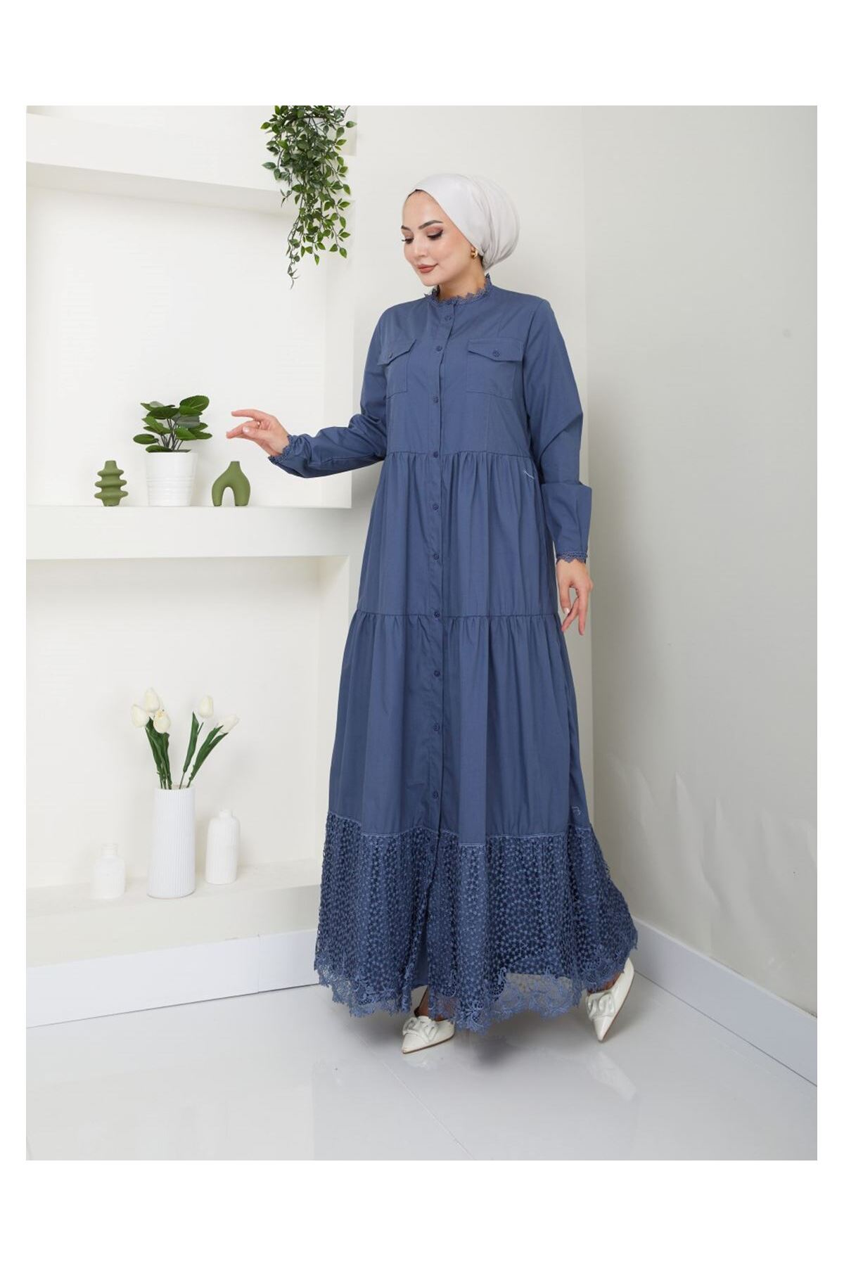 VELLICHOR Lace Natural Fabric Full-Button Denim Dress Indigo