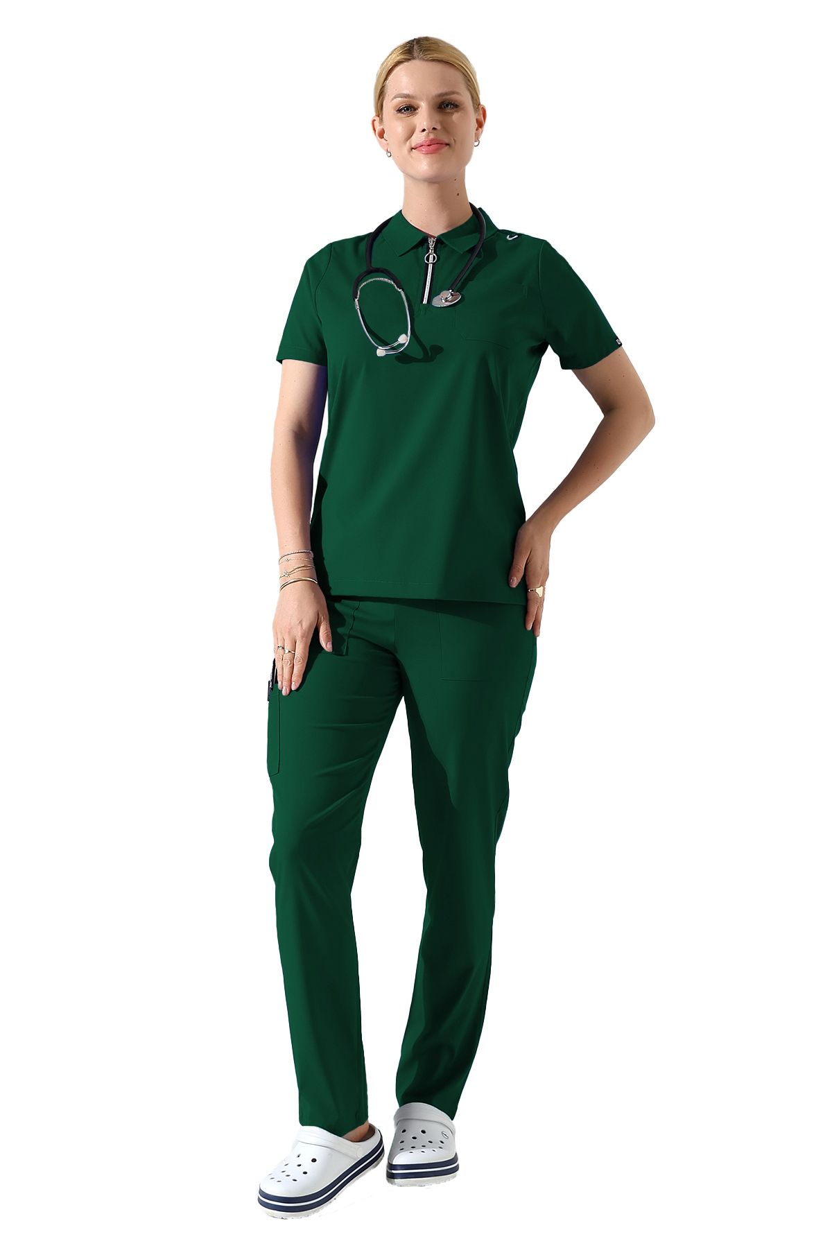 BEDUCA Yeşil Likralı Polo Yaka Fermuarlı Hemşire Scrubs Takımı, Estetisyen Ve Güzellik Merkezi Forması