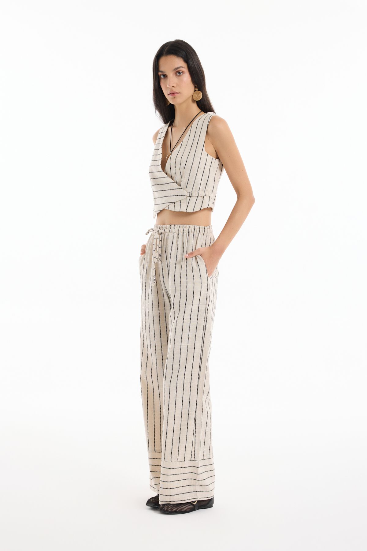 Quzu-Pantaloni Palazzo din in cu model de dungi Detaliu la gleznă Natural 3