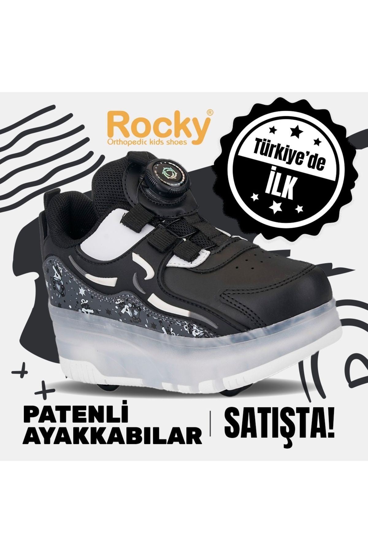 ROCKY SPORT Çocuk Patenli Işıklı Tekerlekli Spor Ayakkabı & Patenli Tekerlekli Rahat Siyah Ayakkabı 4 Teker