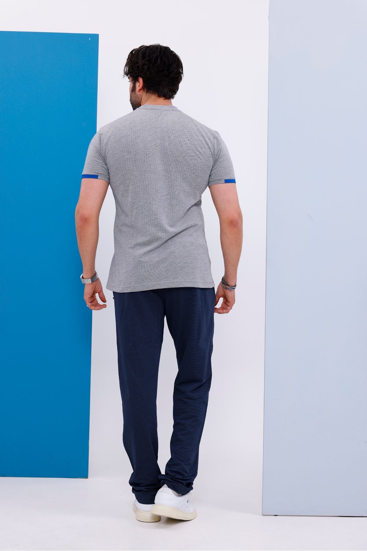 Piyera-Men's Battal Size Light Gray Crew Neck T-Shirt Bottom-Top Set - 130 8