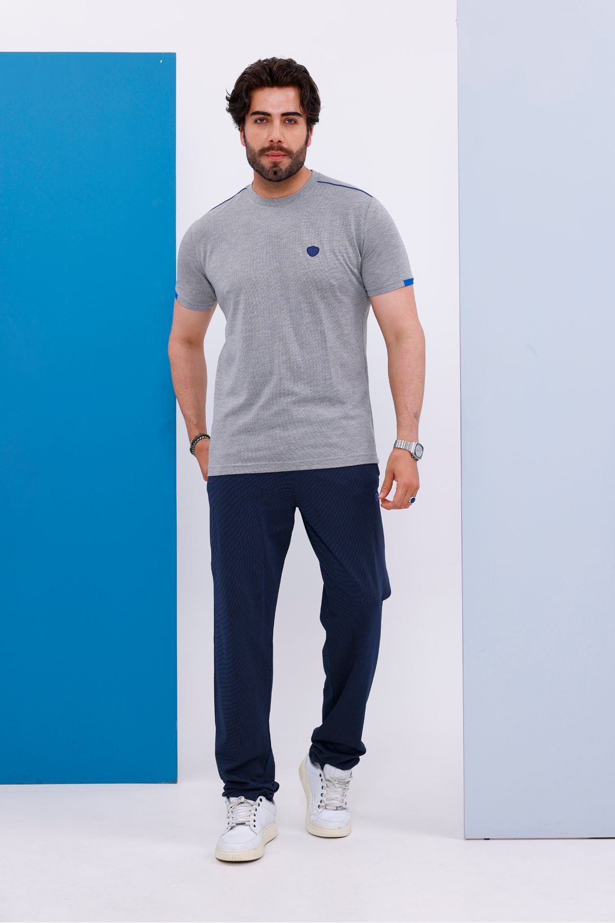 Piyera Erkek Battal Beden Açık Gri Bisiklet Yaka T-shirt Alt-üst Takımı - 130