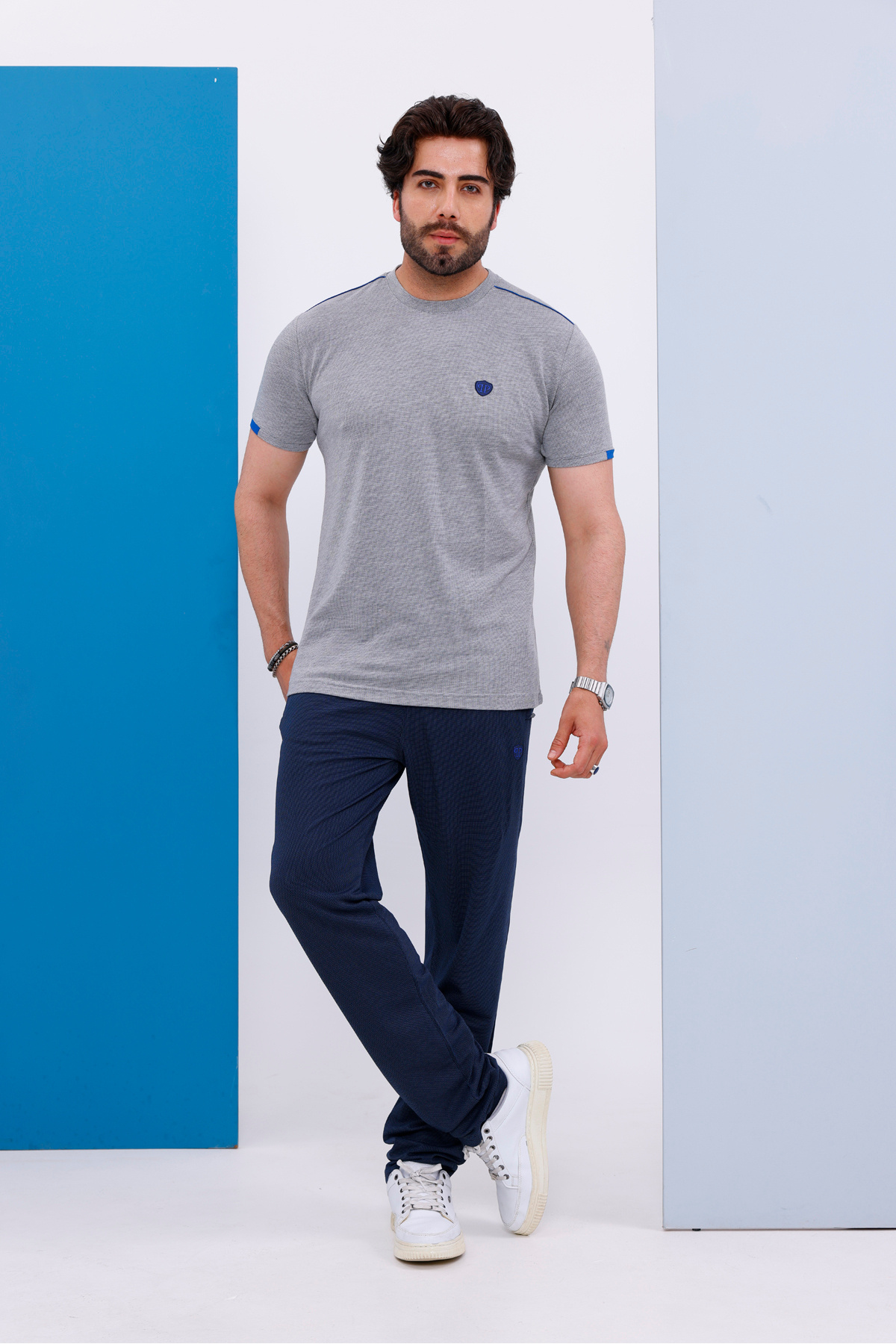 Piyera-Men's Battal Size Light Gray Crew Neck T-Shirt Bottom-Top Set - 130 5