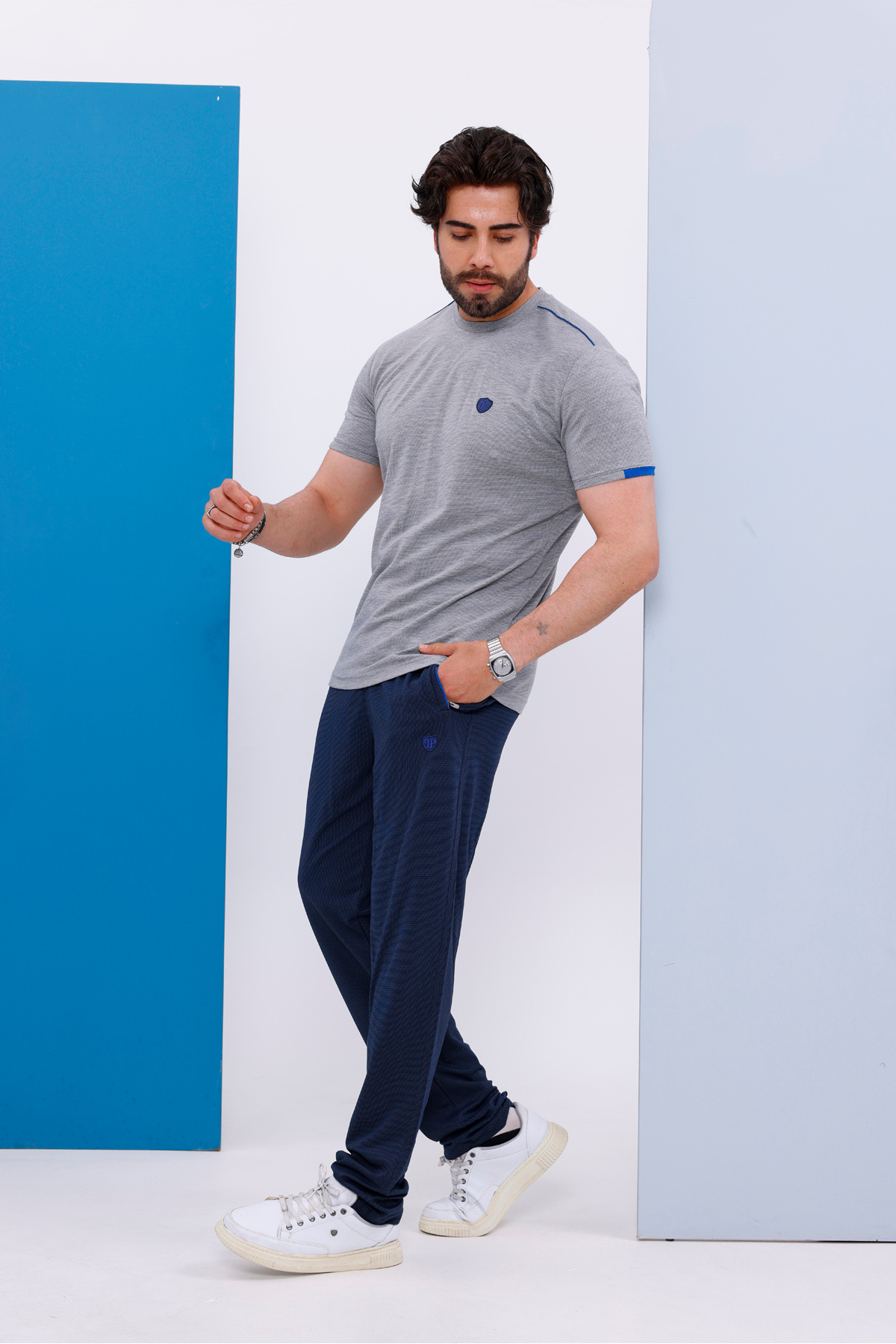 Piyera-Men's Battal Size Light Gray Crew Neck T-Shirt Bottom-Top Set - 130 6