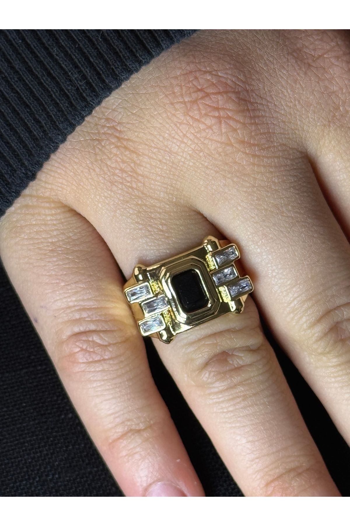 XUPING JEWELRY 18K siyah zirkon taşlı gold ayarlanabilir çelik yüzük paslanmaz kararmaz