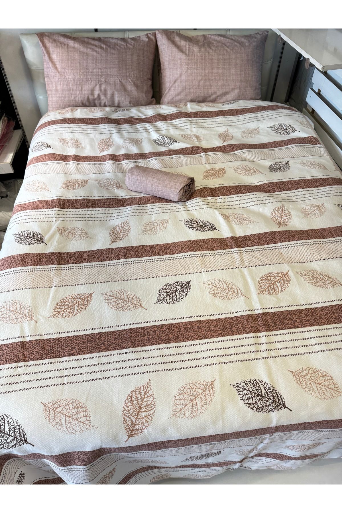ŞENER HOME-Leaf Patterned Sheet with Elastic Double Pique Set 5