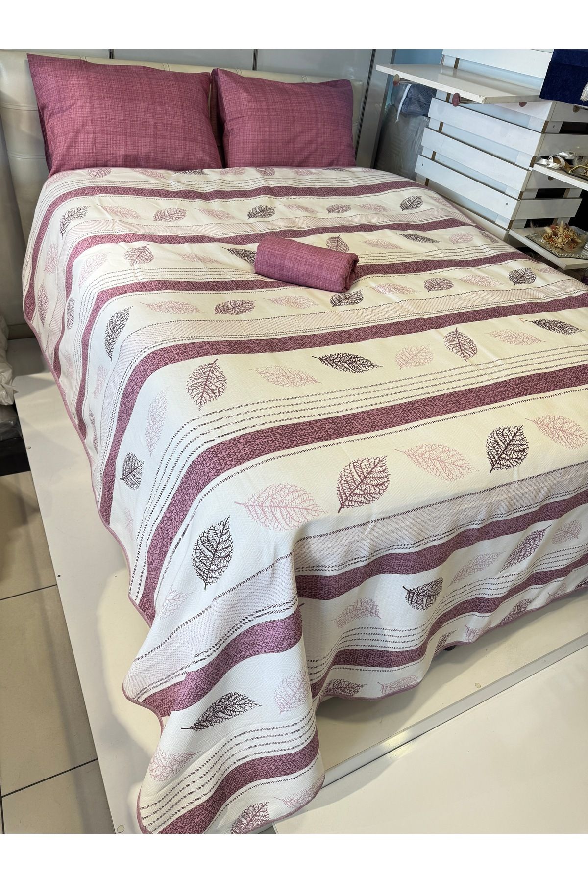 ŞENER HOME-Leaf Patterned Sheet with Elastic Double Pique Set 6