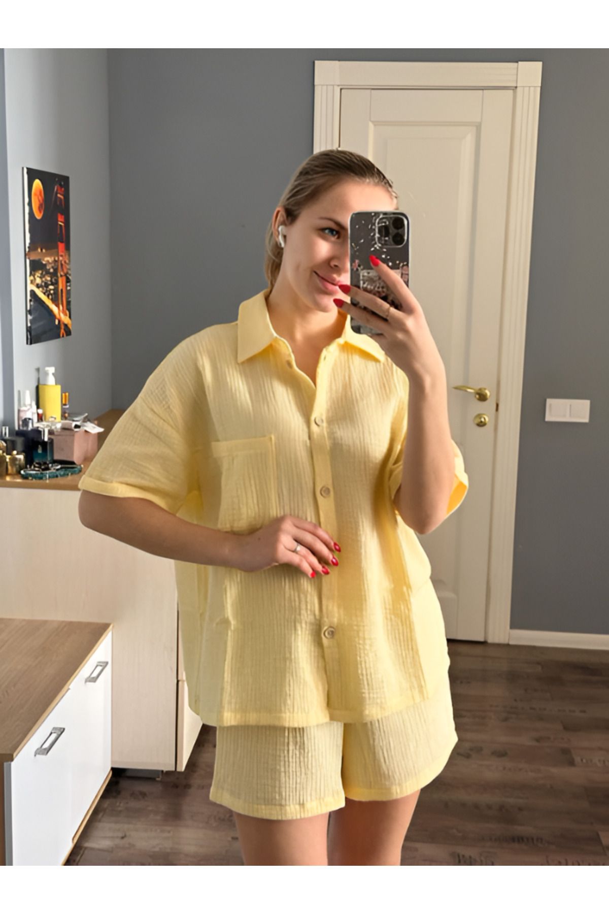 bella bonita %100 Pamuk Müslin Oversize Alt Üst Takım - Kadın Yazlık Pijama Takımı / Gömlek Şort Müslin Takım