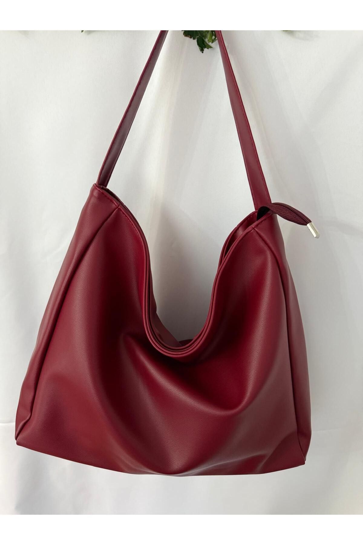 bag - Kadın Salaş Model Bordo Deri Kol Çantası Geniş Yüzeyli