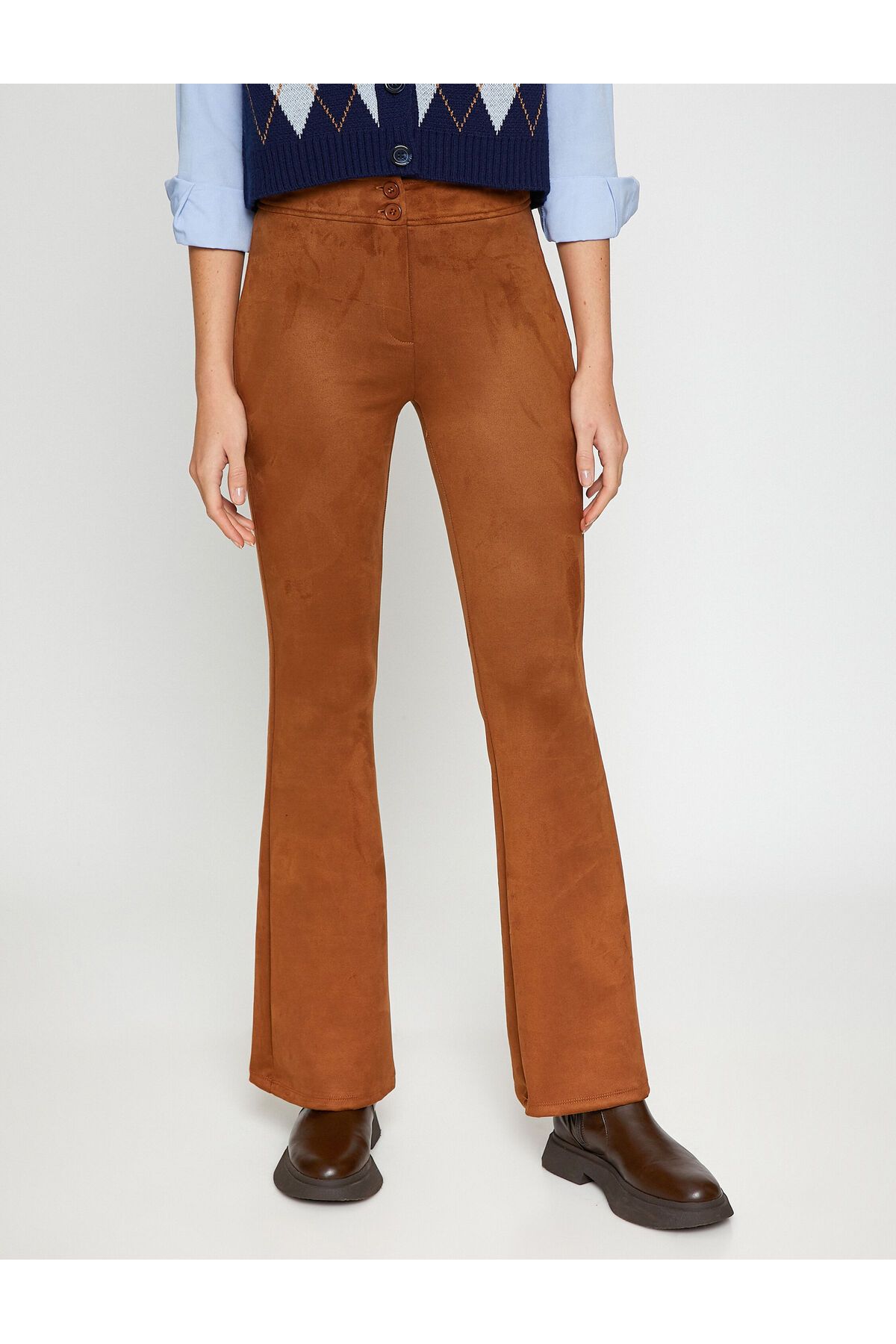 Koton-Flared Leg Trousers Suede Look Buttoned 3
