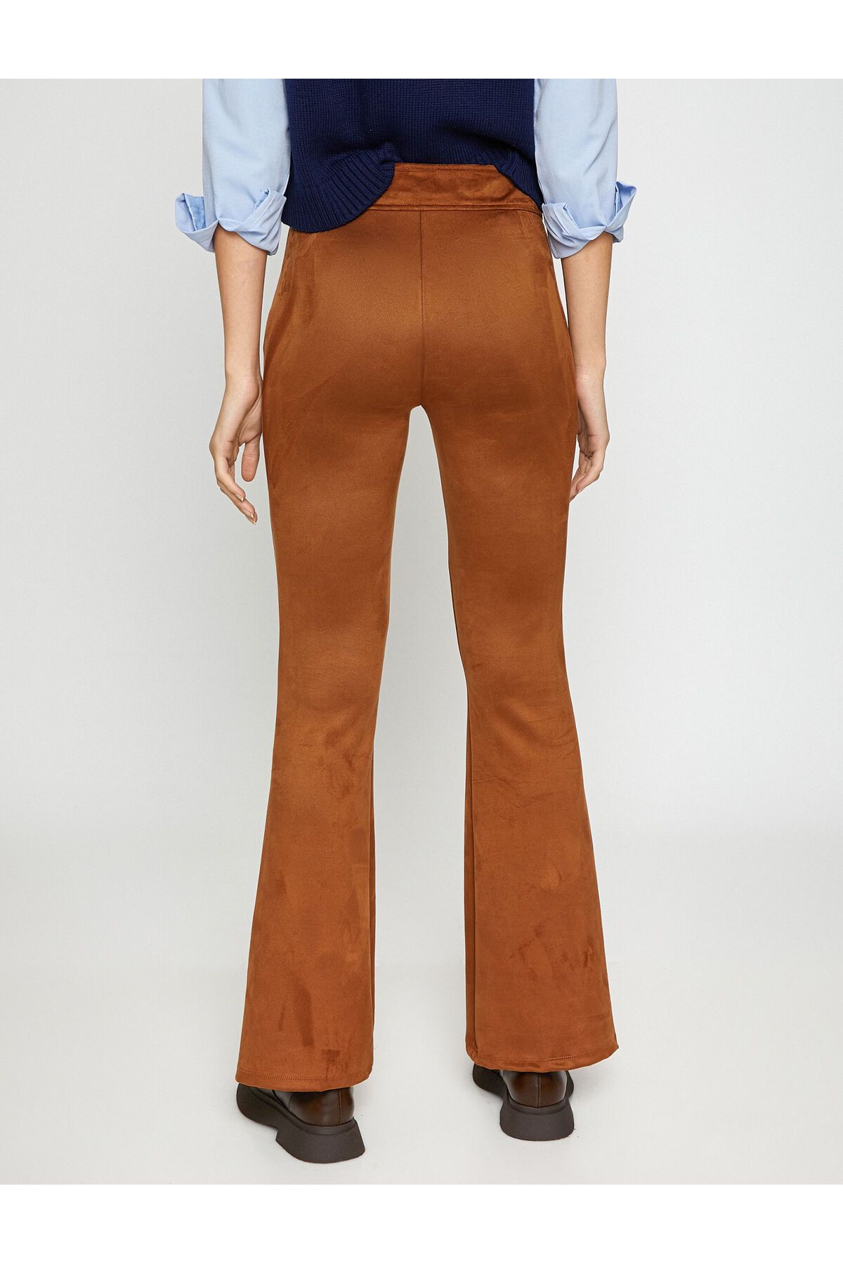 Koton-Flared Leg Trousers Suede Look Buttoned 4