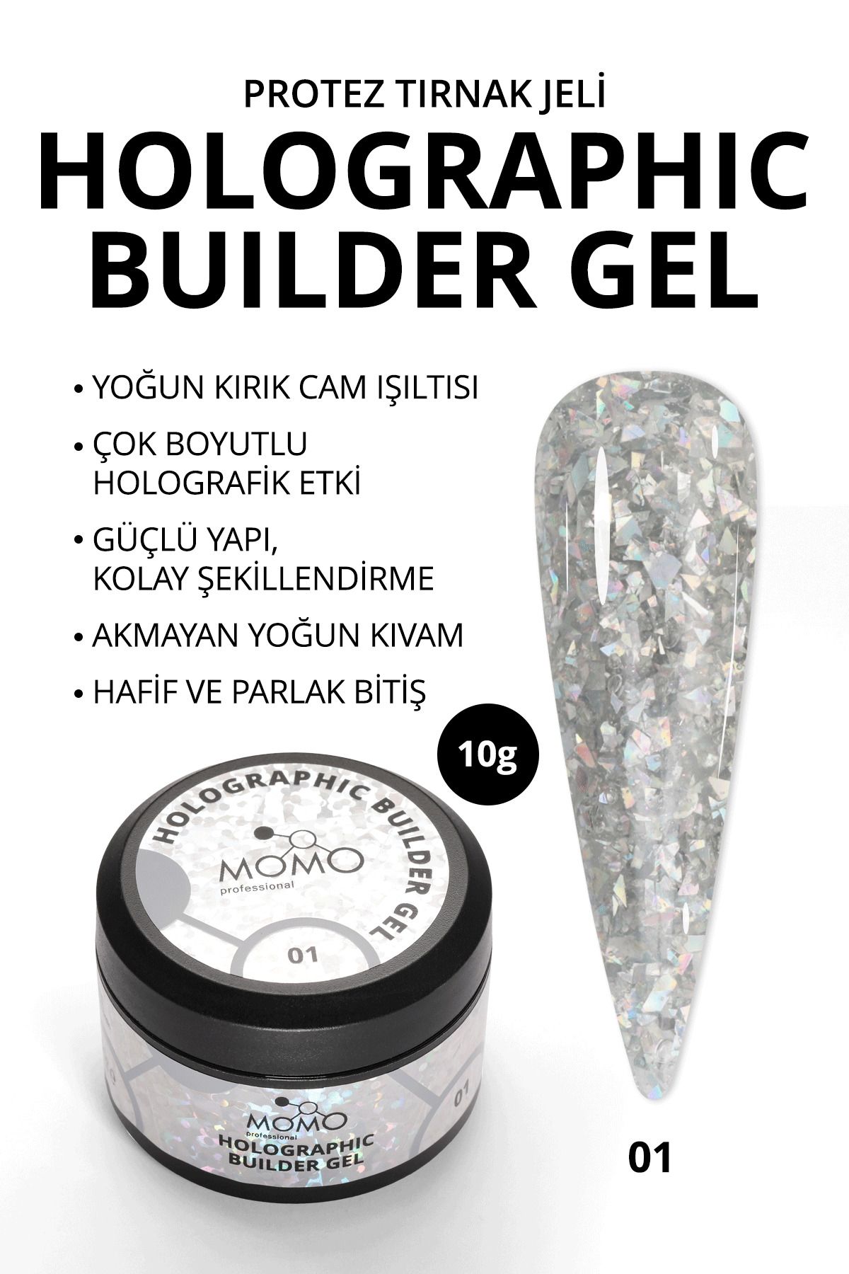 MOMO professional Holographic Builder Gel, Nail Art için Protez Tırnak Jeli No.01, Glitter Gümüş Simli, 10 gr