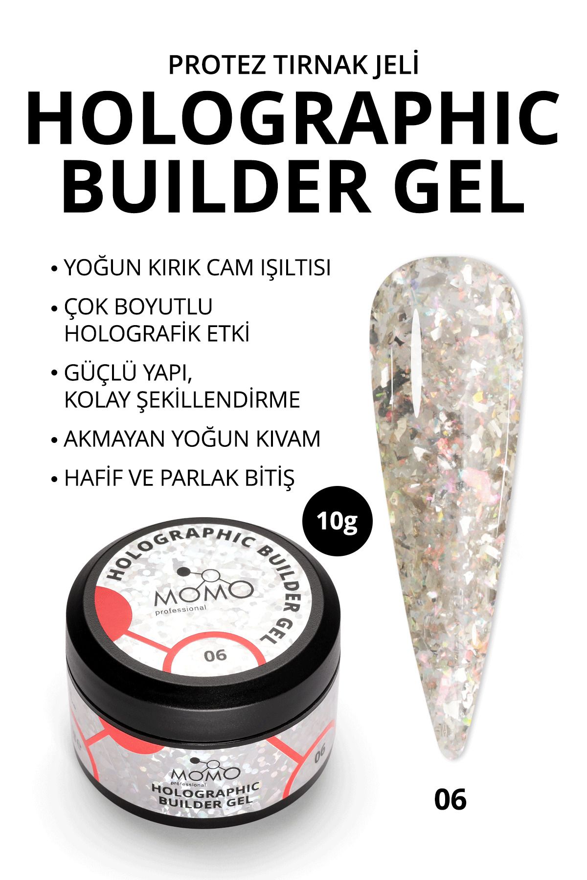 MOMO professional Holographic Builder Gel, Nail Art için Protez Tırnak Jeli No.06, Glitter Turuncu Simli, 10 gr