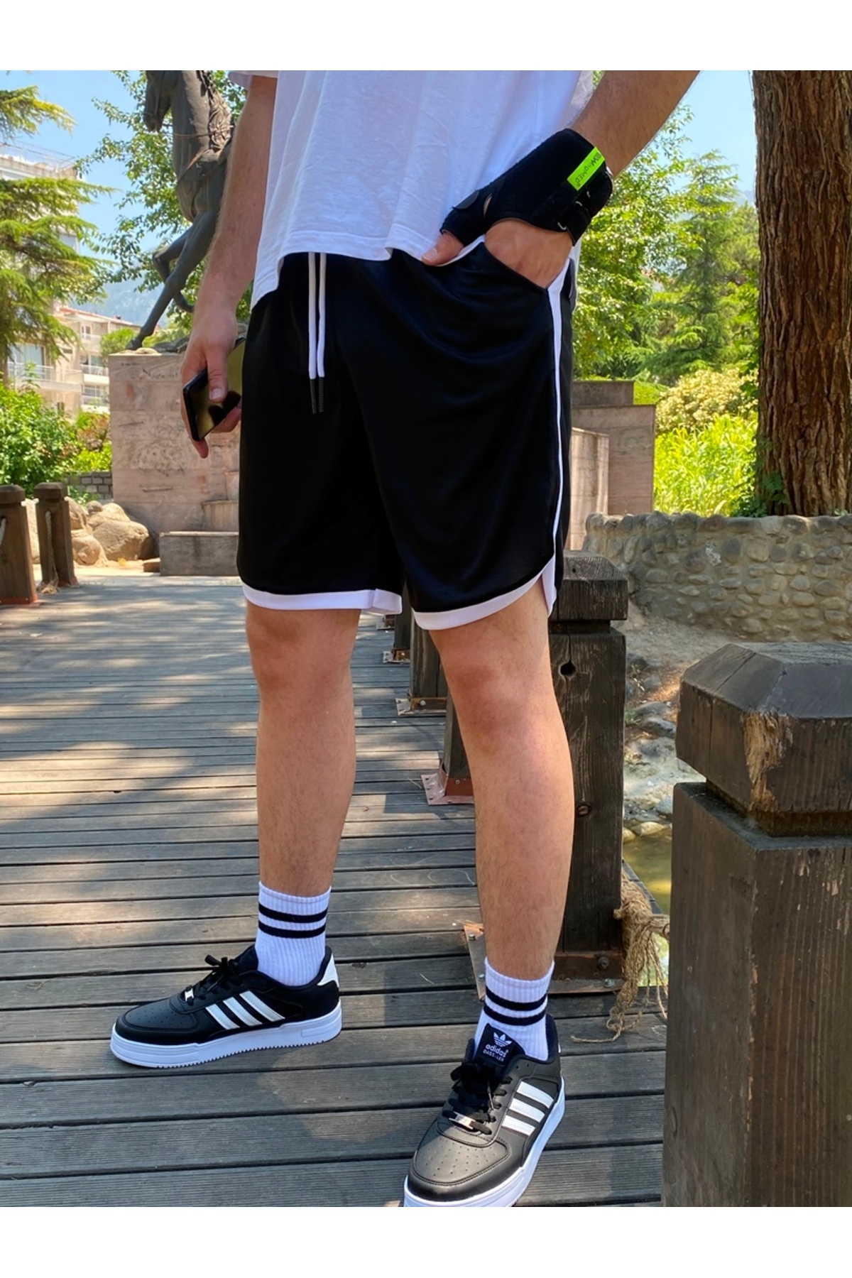 Relax family xf  Erkek Siyah Çizgili Günlük Penye Şort Basketbol Futbol Fitness Spor Egzersizi Koşu Bermuda - Görsel 4