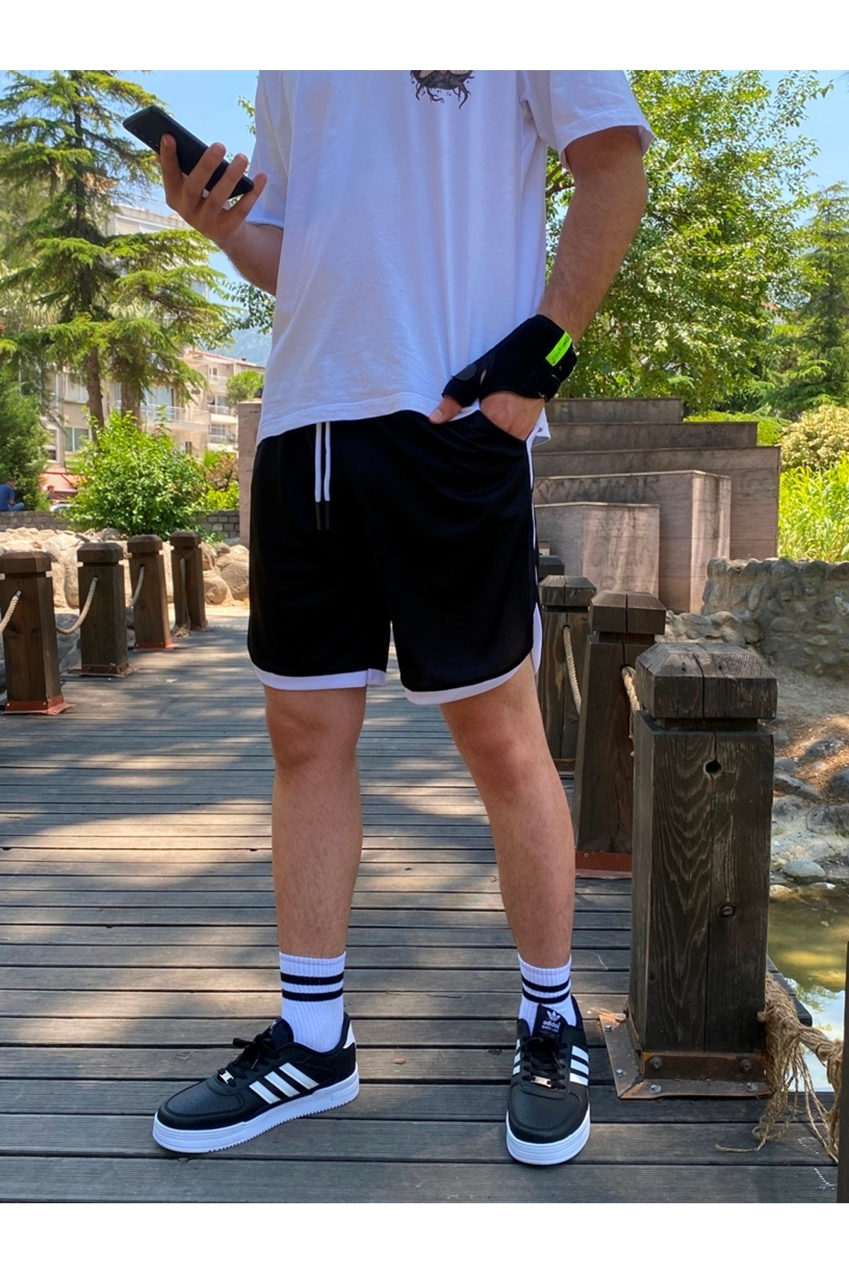 Relax family xf  Erkek Siyah Çizgili Günlük Penye Şort Basketbol Futbol Fitness Spor Egzersizi Koşu Bermuda - Görsel 3