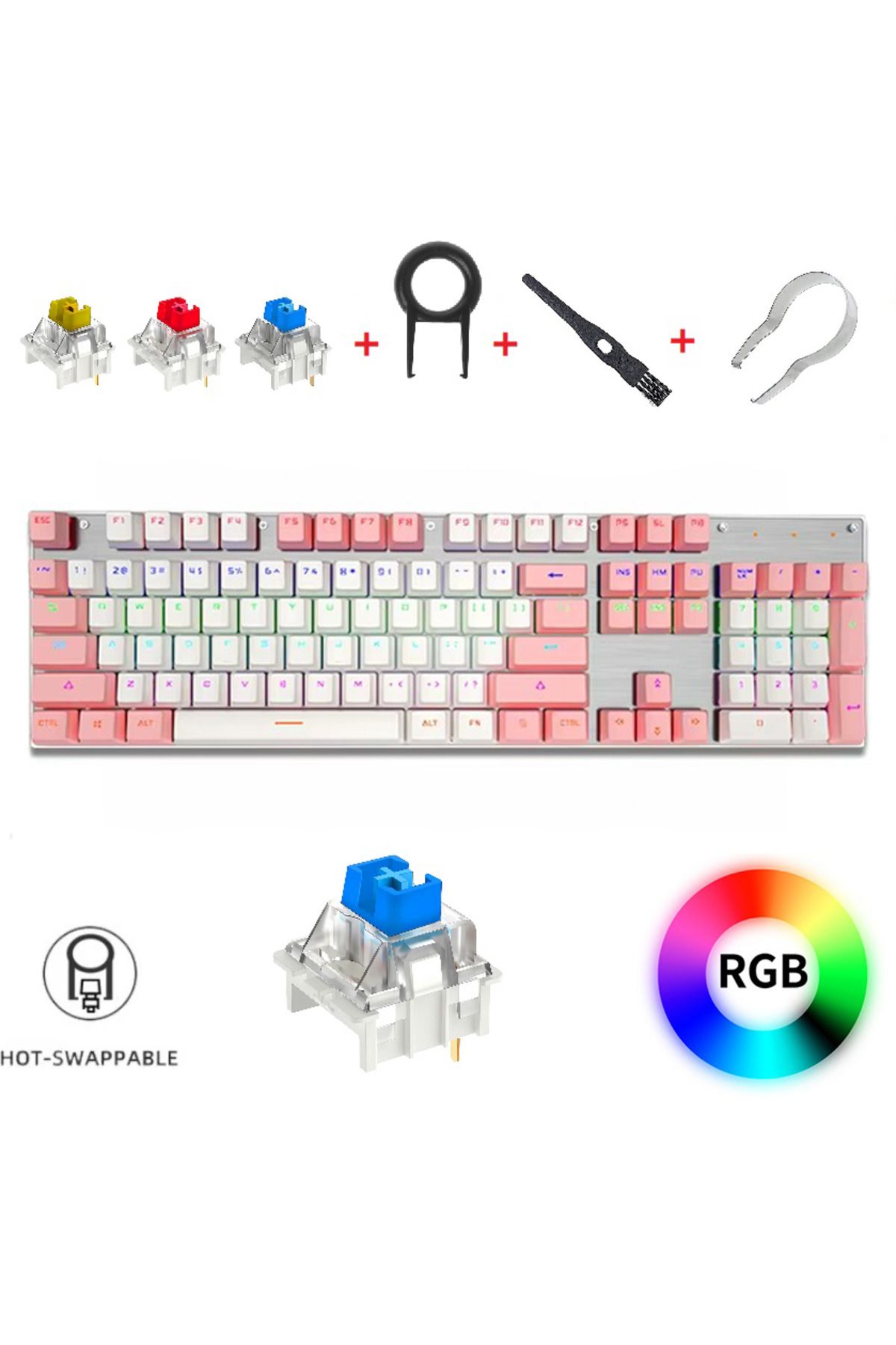 Leaven K660 Türkçe Mekanik Oyun Klavyesi, Mavi Switch-Rainbow RGB aydınlatmalı Hot-Swap