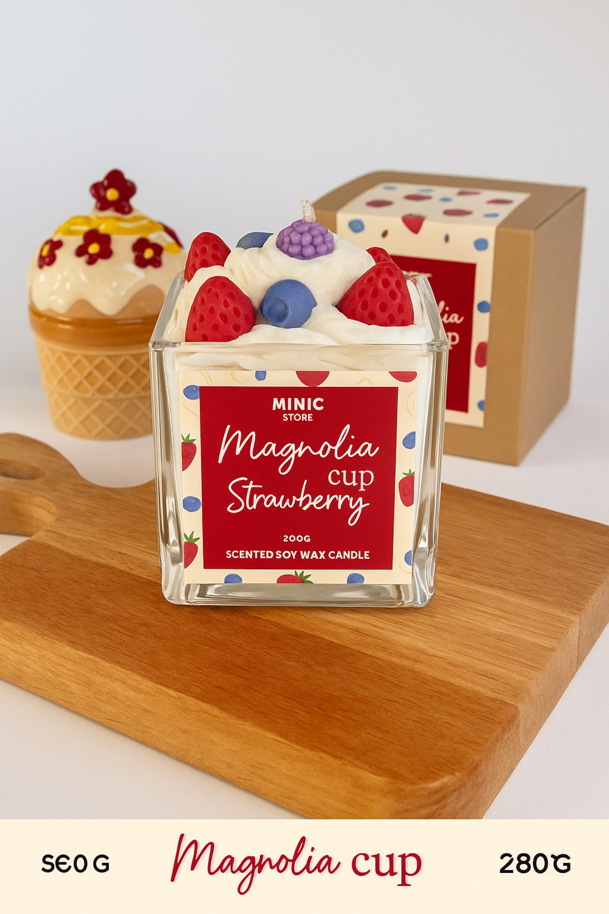 Minic Store El Yapımı Magnolia Cup Kremalı Çilekli Soya Mum - Çilek Kokulu