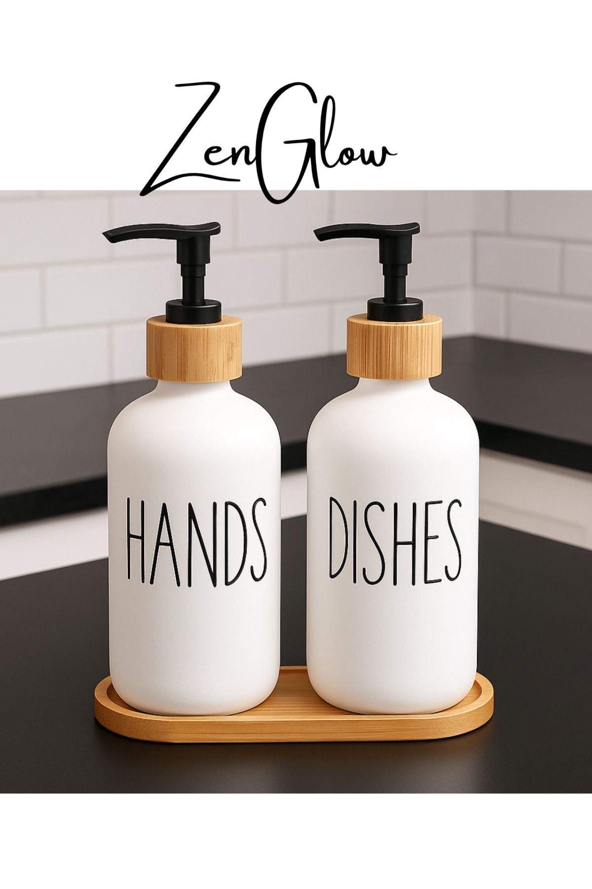ZenGlow 2 li Beyaz mutfak Sıvı Sabunluk Seti 500ml Bambu Tepsi set Dekoratif