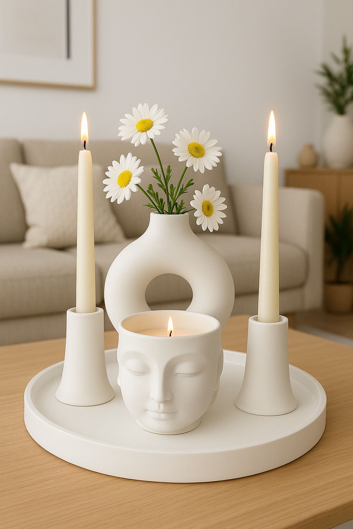 Arteliss Bohem İskandinav Tarz Tepsi Üzeri 4’lü Set | Minimal Modern Buda Mum, İskandinav Vazo, Şamdan