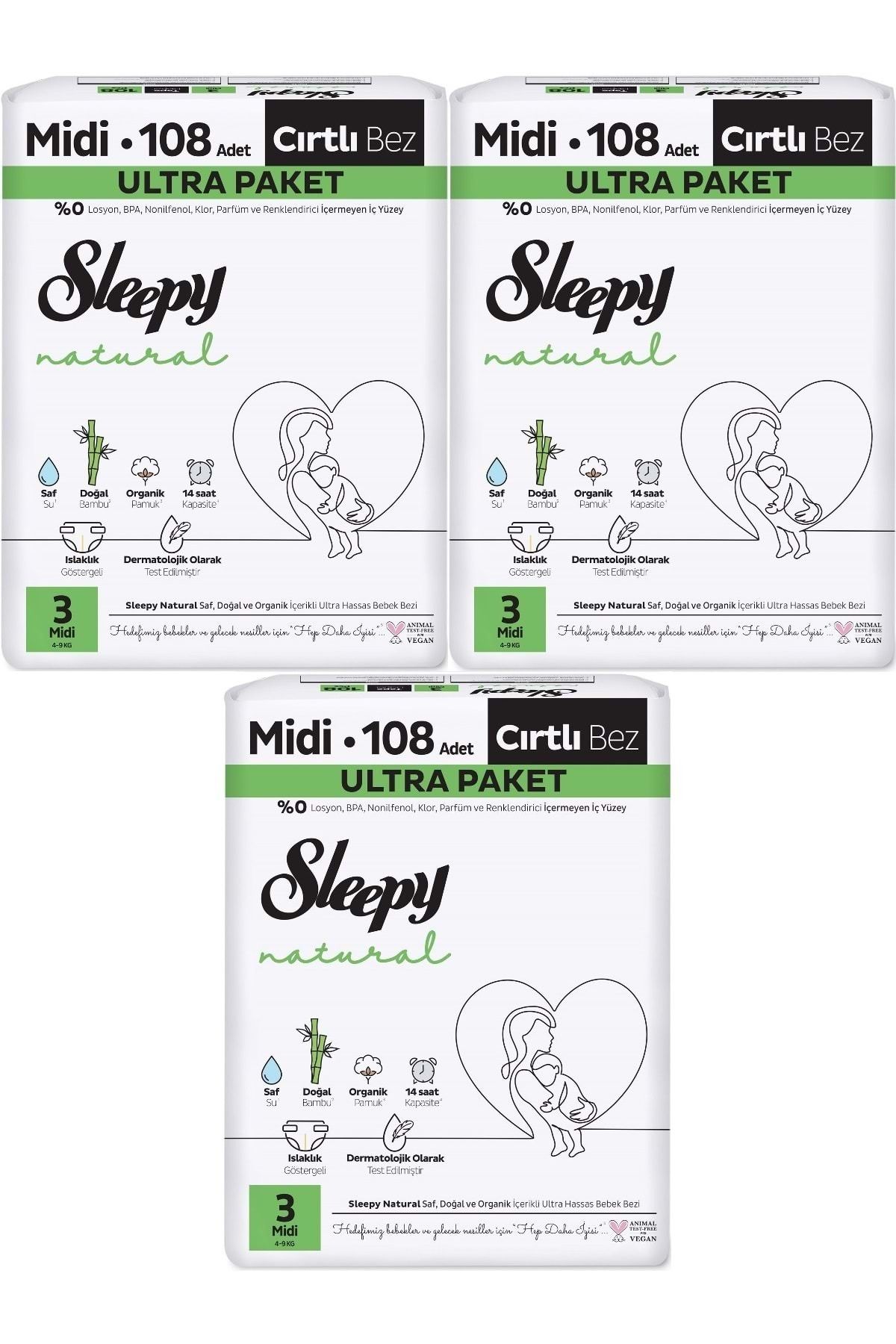 Sleepy Bebek Bezi Natural Beden:3 (4-9KG) Midi 324 Adet Aylık Ultra Pk