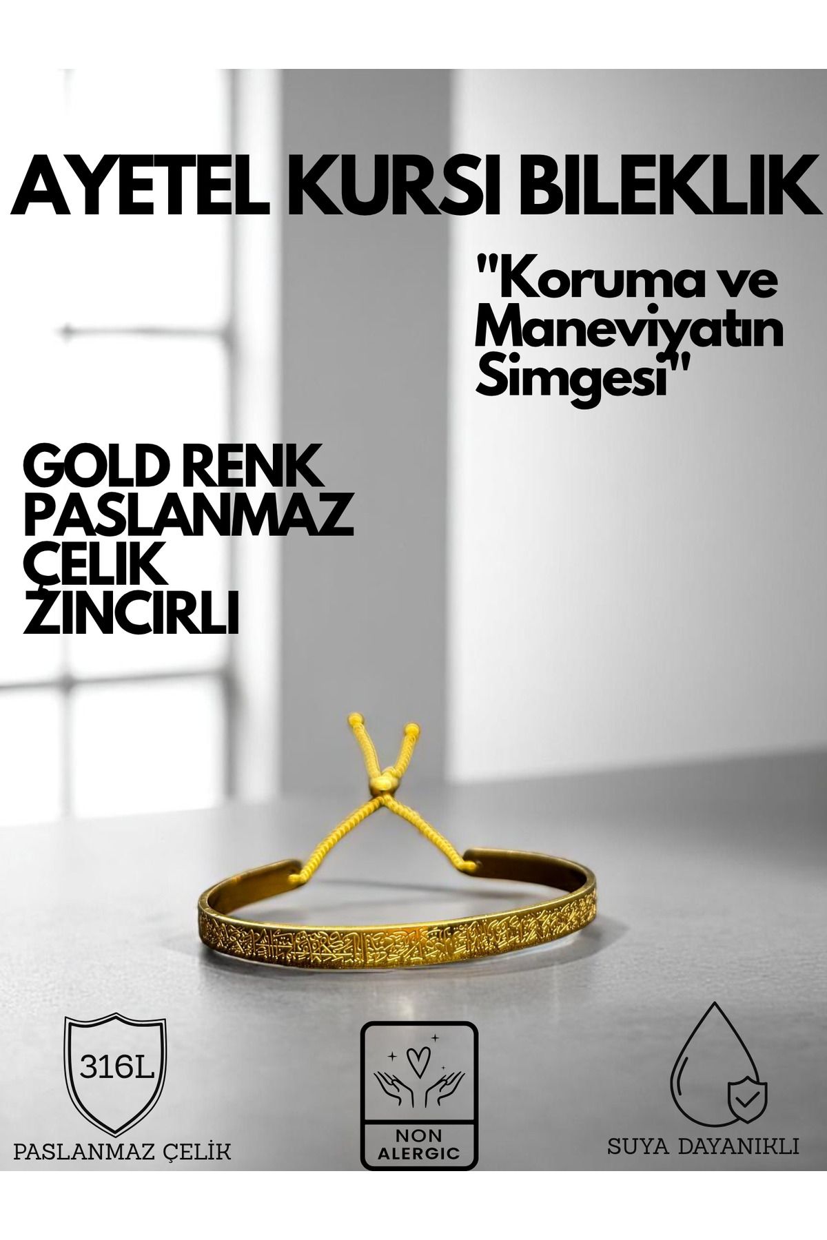 KT AKSESUAR Ayetel Kürsi Yazılı Zincirli Bileklik Paslanmaz Çelik Ayarlanabilir Unisex Bileklik