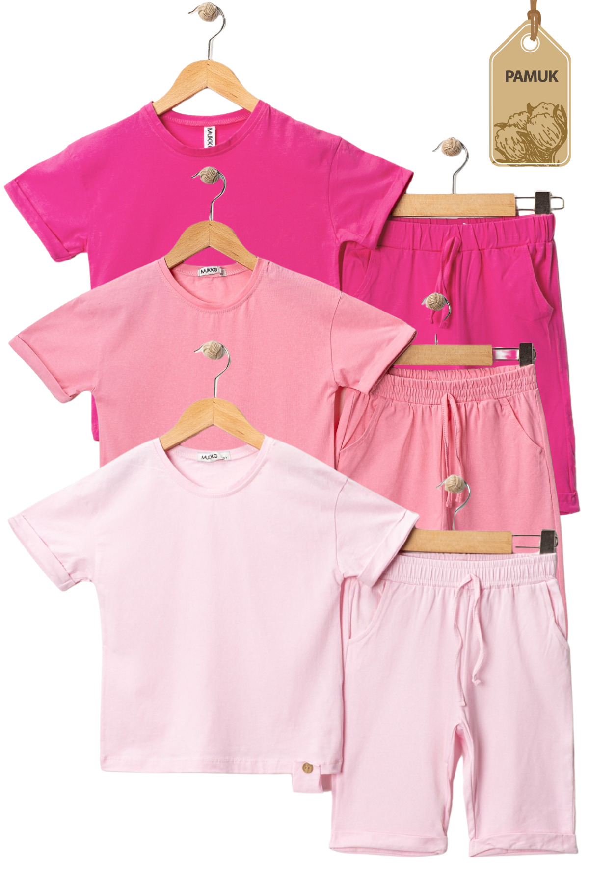 Kız Erkek Çocuk Basic Tshirt Kapri - Yazlık Alt Üst Çocuk Takım (3'lü Set Pudra Pembe Fuşya)