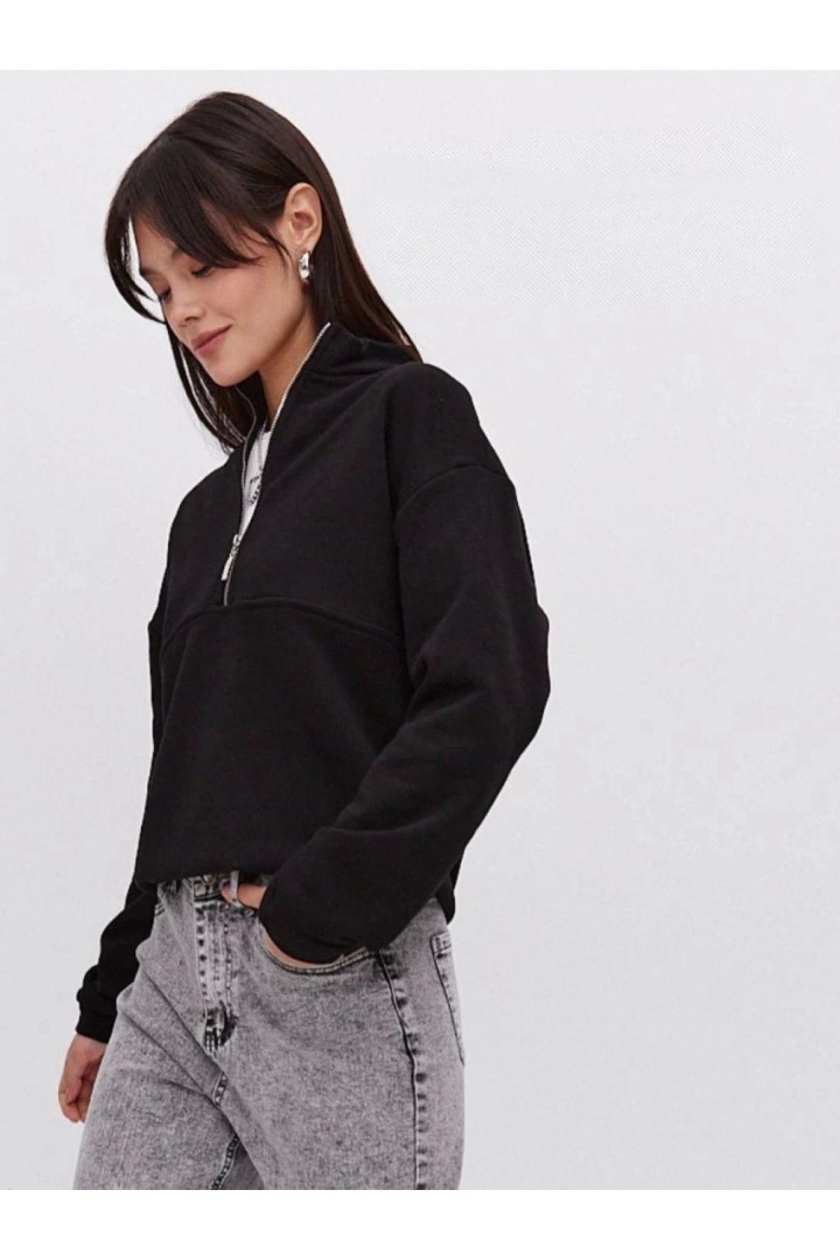 POLEXP Siyah Oversize Yarım Fermuarlı Basic Sweatshirt