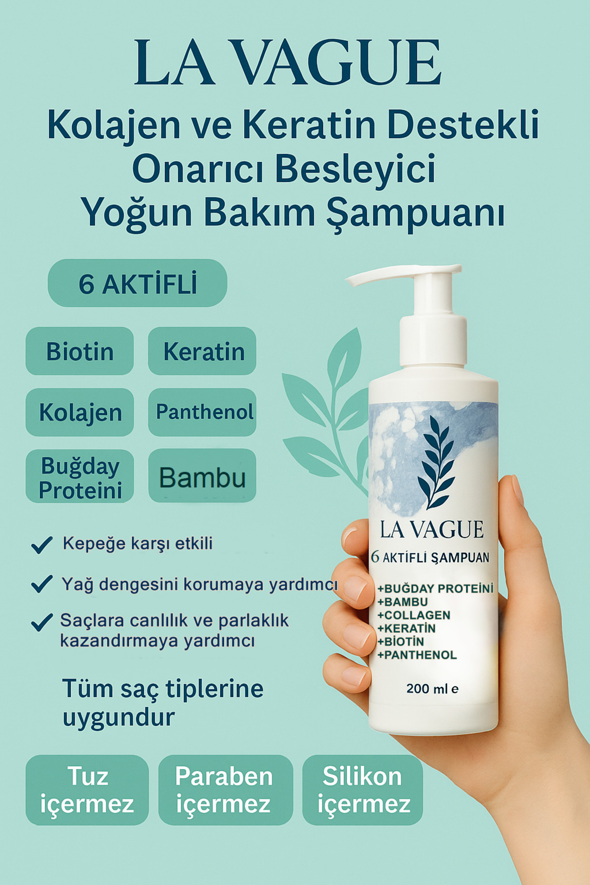 Kolajen ve Keratin Destekli 6 Aktifli Onarıcı Tuzsuz Yoğun Bakım Şampuanı (SLS, Paraben İçermez) — lavagueshamp1 — تصویر 3 از 6