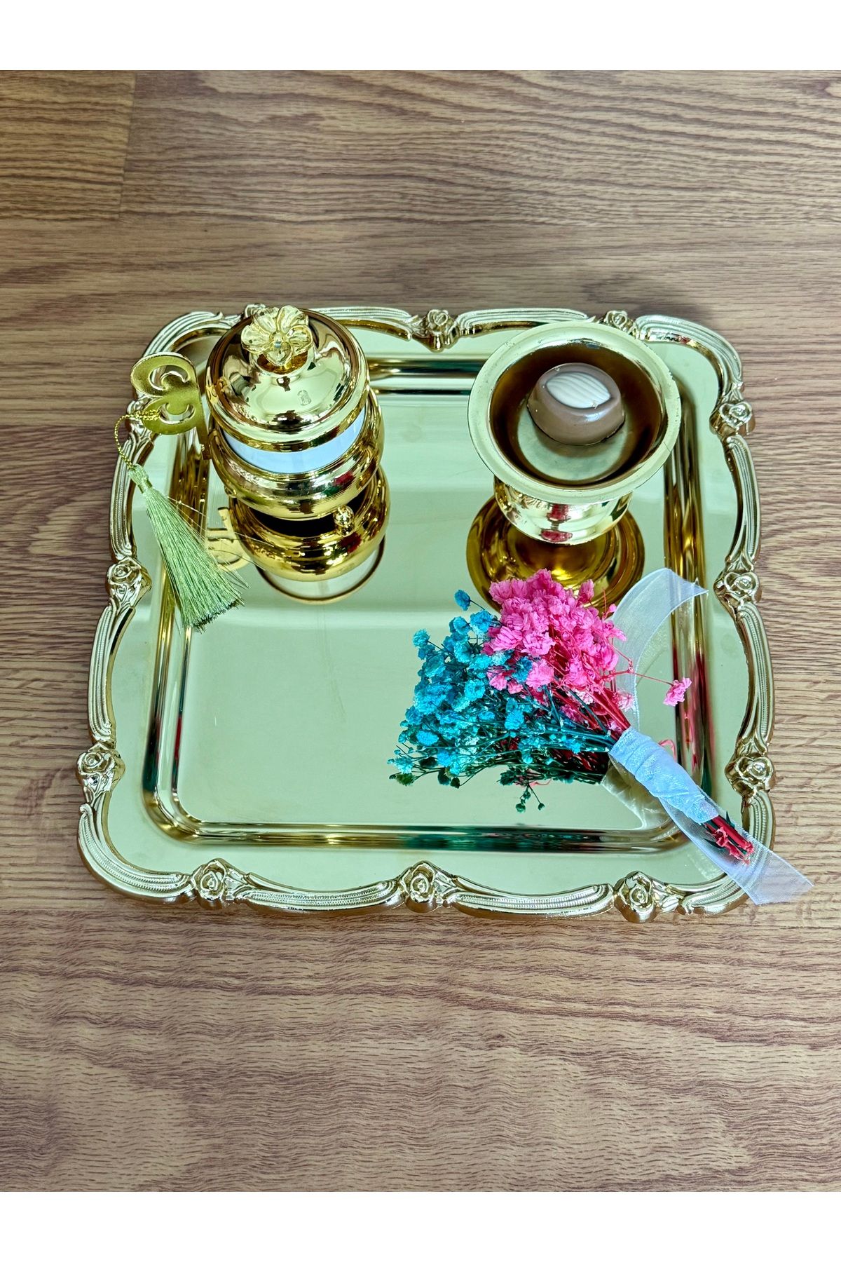 MODERN Gold Kaplama Ekstra Kalın İkili Dikdörtgen Söz Tepsi Nişan Tepsi Damat Kahve Tepsi