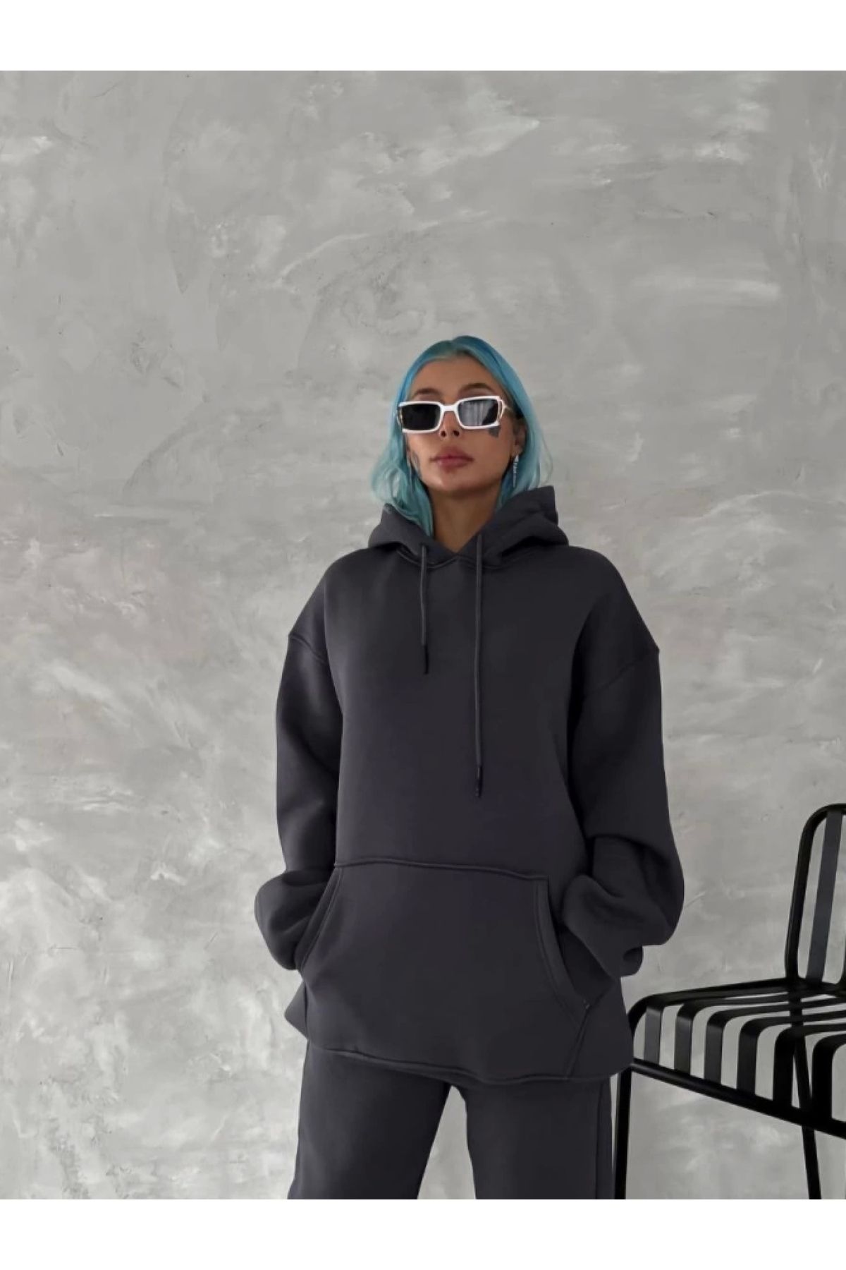 POLEXP Kapşonlu Basic Füme Sweatshirt