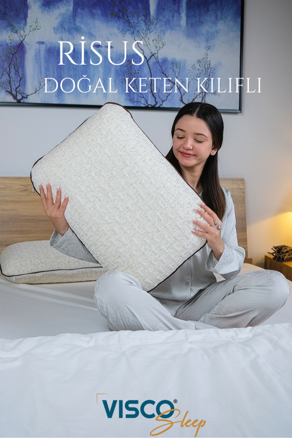 visco sleep Yastık Ergonomik Yastık Risus Doğal Keten Kılıflı Yastık 60x40x15 cm