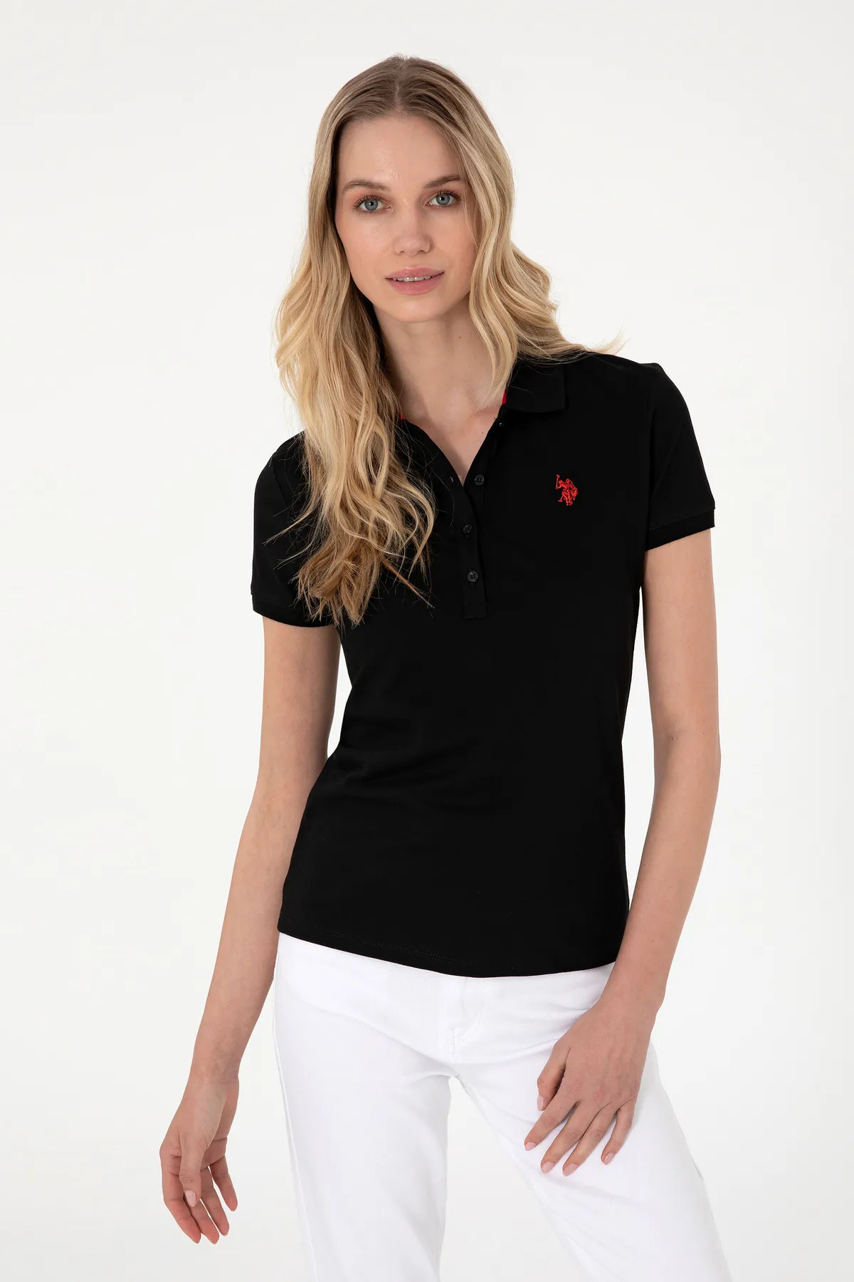 یو اس پولو تی‌شرت یقه‌دار اسلیم فیت زنانه U.S. Polo Assn. مشکی GTP-IY24 DMLS
