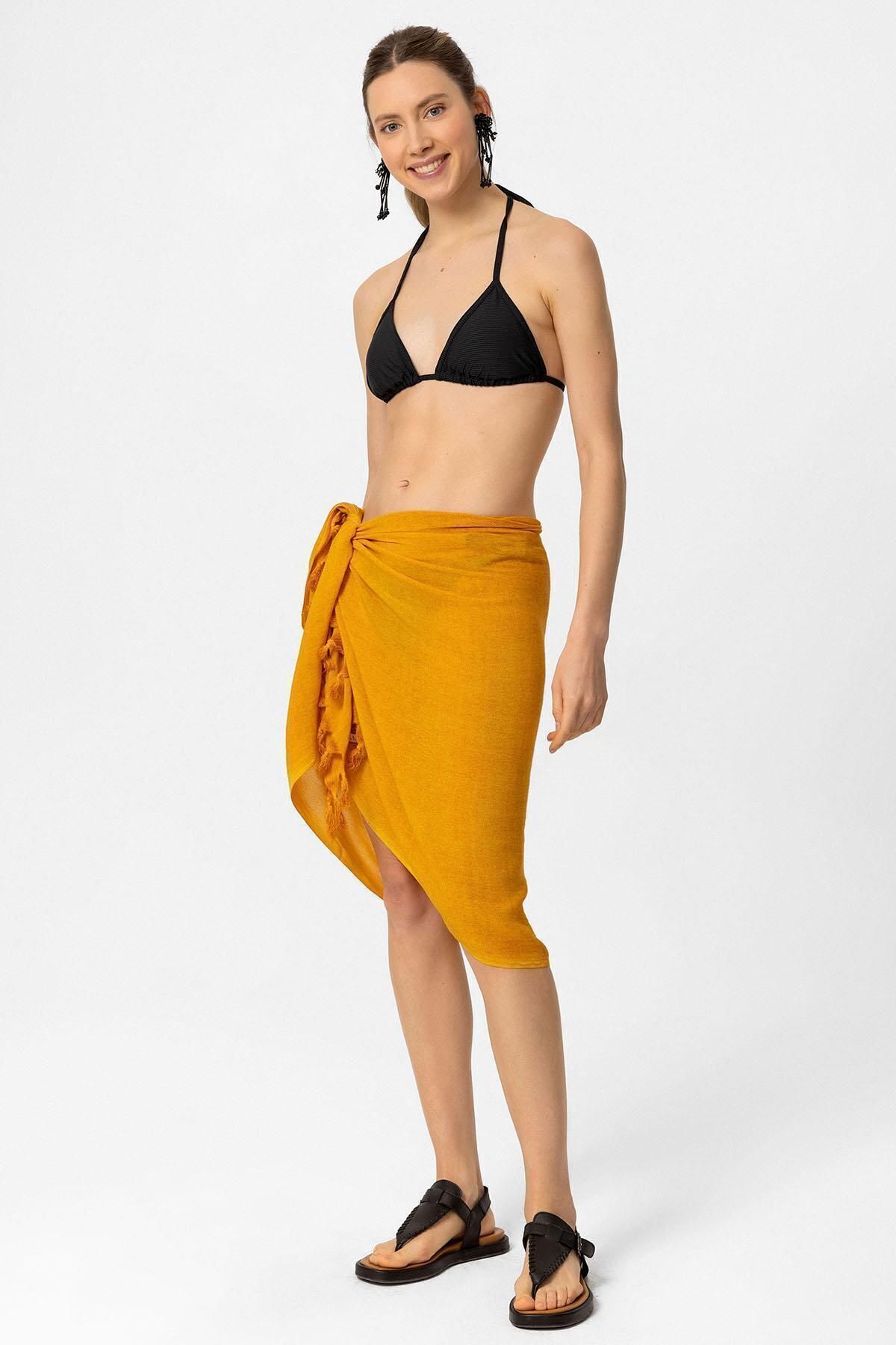 Deriderim-Dark Yellow Şile Cloth Tassel Detailed Waist Tie Summer Beach Cotton Pareo 2