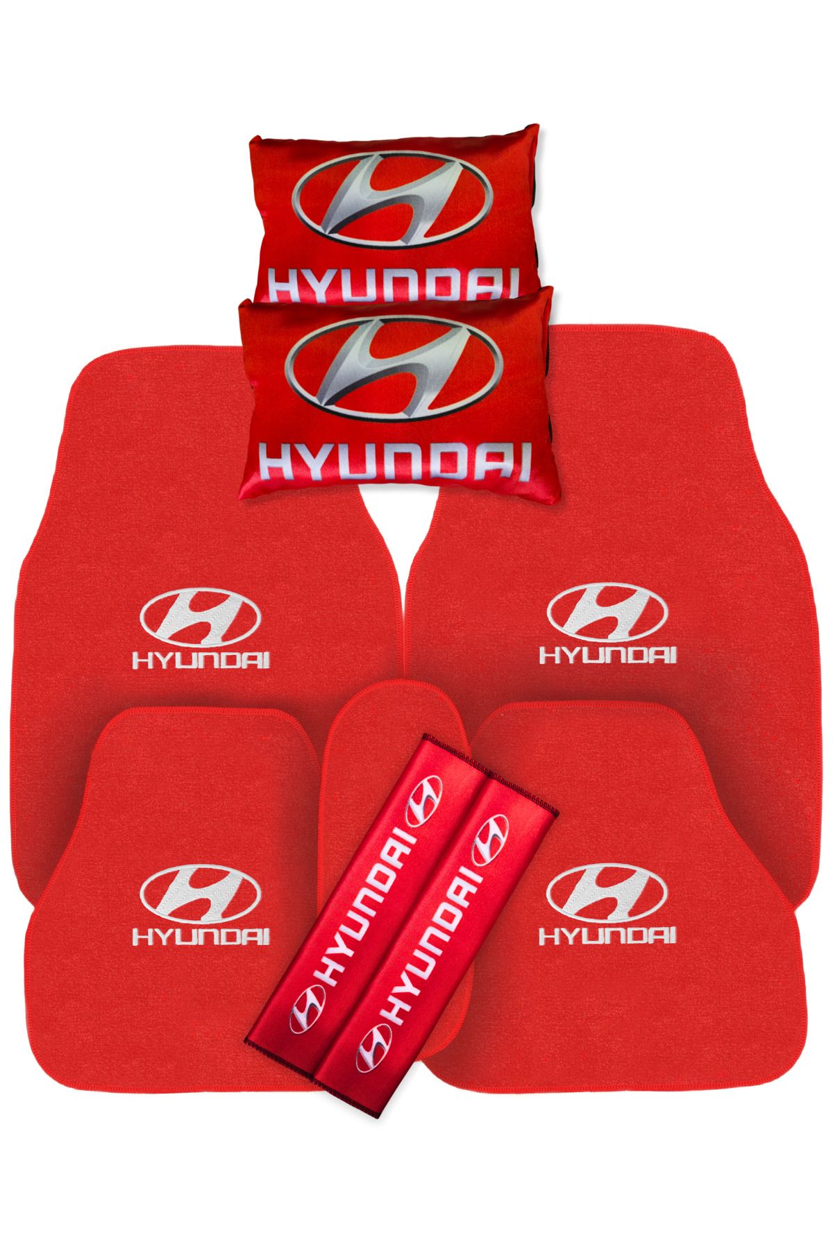 TUSBA MARKET Hyundai Nakışlı 5 Parça Oto Halı Paspas | Dijital Baskılı Kırmızı Oto Yastık & Emniyet Kemer Pedi