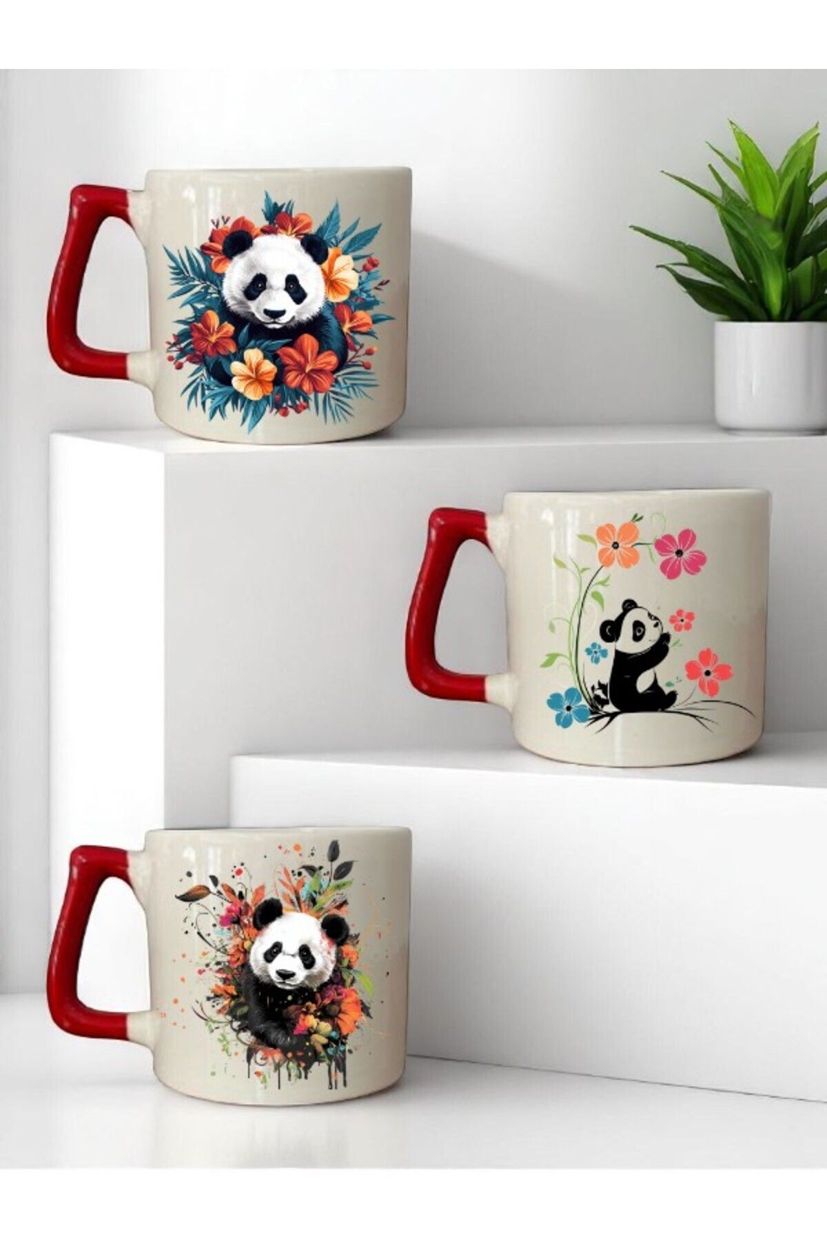 lili hediyelik Panda ve Çiçek Baskılı Kırmızı Kulplu 3'lü Kupa Bardak Seramik Kahve Bardağı