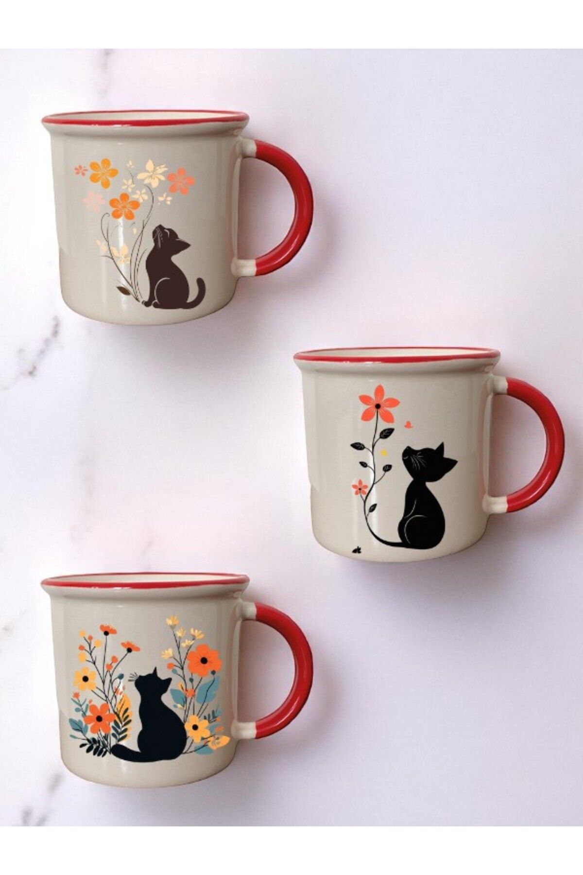 lili hediyelik Kedi ve Çiçek Baskılı Ağzı Kırmızı 3'lü Seramik Kupa Bardak
