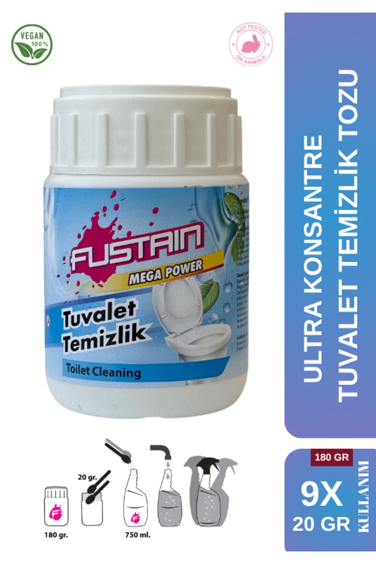 fuudimex FUSTAIN ULTRA KONSANTRE KLOZET & TUVALET TOZ DETERJAN - EKONOMİK BOY (9 x 20 GR) - 180 GR